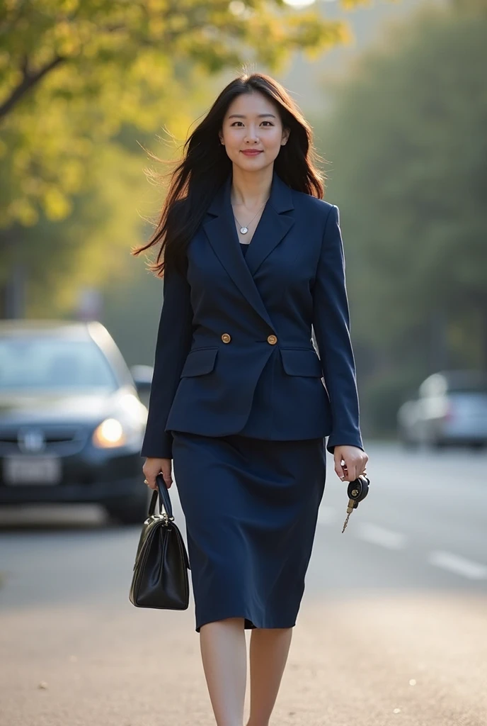 A female politician with a height of 157 cm, age 37, black hair, wearing a black suit jacket, a black tight skirt and black pumps, shaking hands with a man