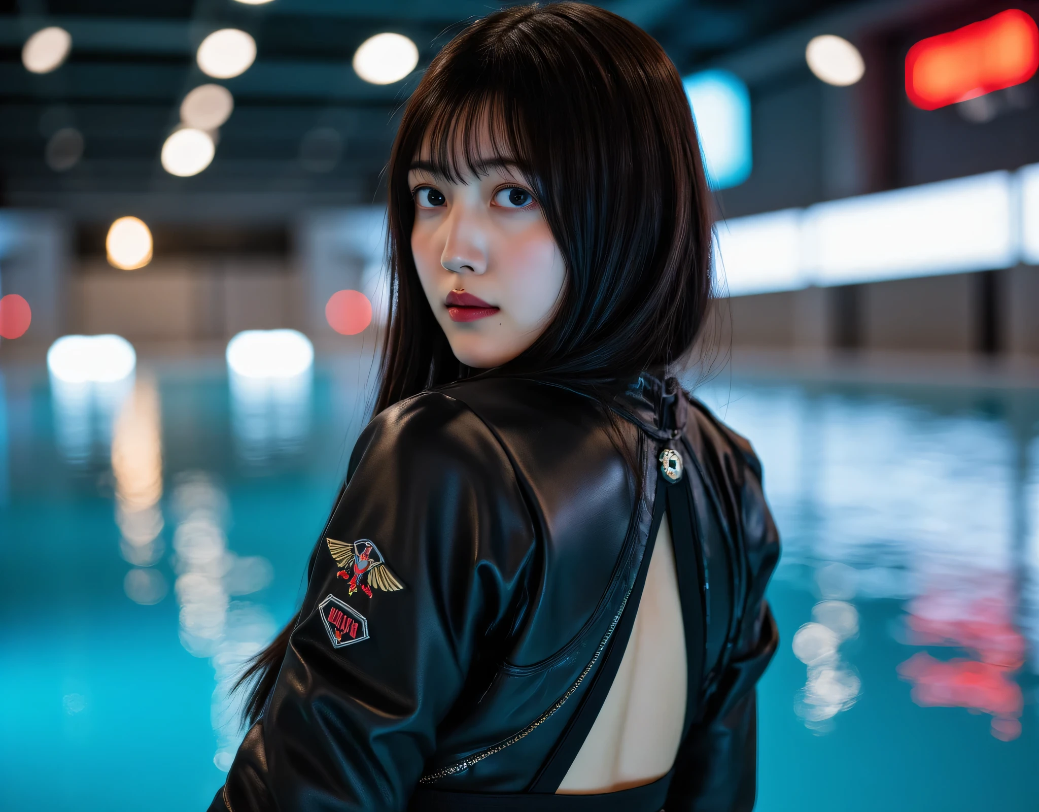 (((The dark Nostromo highway:2.0))),((( HR Gigger style cyberpunk atmosphere :2.0))),((Ride a tron style bike:2.0)),(((Ride on a big cyberpunk motorcycle:2.0))),side view from the back,Side pose,((looks back and look at the camera:2.0)),(( looking back over my shoulder :2.0)),Rear View,((full body:2.0)),One Woman,(cute face),(Beautiful well-balanced face ),((long hair with bangs:2.0)),( black hair:1.5),(beautiful eyes:1.3),glamorous shot of a 20-year-old Japanese woman, Slender Beautiful Body ,((model body type:2.0)),(( slim body with hot water:1.7)),perfect body line,ideal proportions,(bigger breasts in bikinis:2.0),Bare thighs,fleshy thighs due to weight,delicate body,( Muscular:1.5),A harmonious posture,((Beautiful ass:2.0)),((cute ass:2.0)), ((((Bare ass :2.0)))),((( T-back :2.0))),(Realistic breast depiction :1.5),carefully depicts limbs based on perfect anatomy,((futuristic samurai style black super high leg leotard:2.0,((Fitted Camy-Style Latex Ultra High Leg Leotard:1.5)),((Samurai armor-style military jacket with an open front over a leotard:1.5)),(ear monitor:1.5),((Tactical Holster:1.5)),(gloves:1.3),concept art,(top quality:1.5),(masterpiece:1.5),(Ultra-high resolution),resolution,UHD,(Delicate Description), carefully drawn with butterfly wings ,32K,((realistic skin texture with a boy in the pool:1.5)),(((ultra realistic:1.5))),carefully draw eyelashes,very detailed face,Highly detailed female hand,very sensual,(Blurry Dim Backgrounds :1.5),professional photo shoot,(movie light:2.0),((Blade Runner-style lighting:2.0))