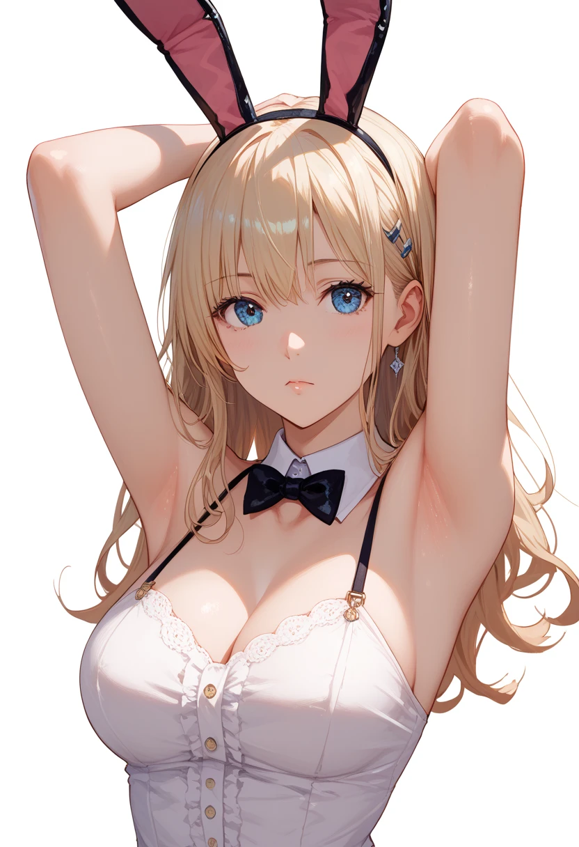 masterpiece, best quality, highly detailed, ultra high res, ayase arisa, kitagawa marin, 1girl, solo, blonde hair, glossy lips, full lips, bunny ears, detached collar, wrist cuffs, strapless leotard, fishnets, bunnygirl, good lighting, outside