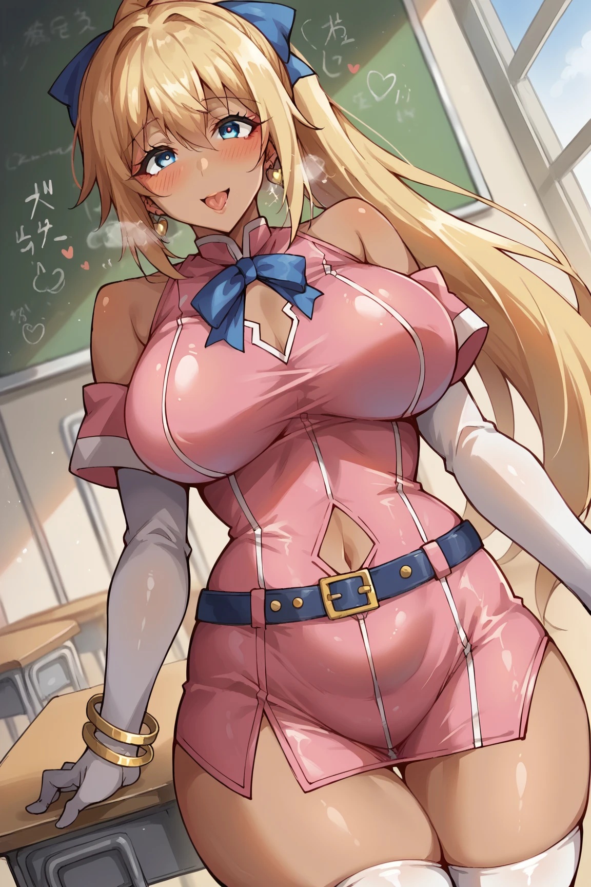 (a), 1girl, large breasted, blonde,  pink sleeveless waitress outfit, white thigh high socks, braces, sexy, nsfw, (best quality:1.2), ultra-detailed, realistic, portraits, vivid colors, soft lighting, vibrant background, green eyes, glasses