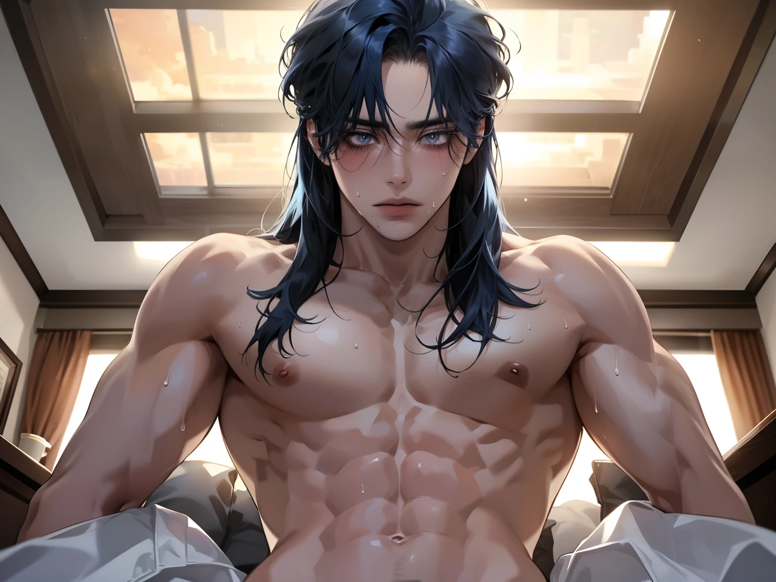 high quality, (soro japanese  boy:1.5), (detailed eyes), (black long hair), (muscle:1.5), naked, (dark wet skin), (detailed puffy nipples), black tiny thong, bulge, smirk, looking at viewer,