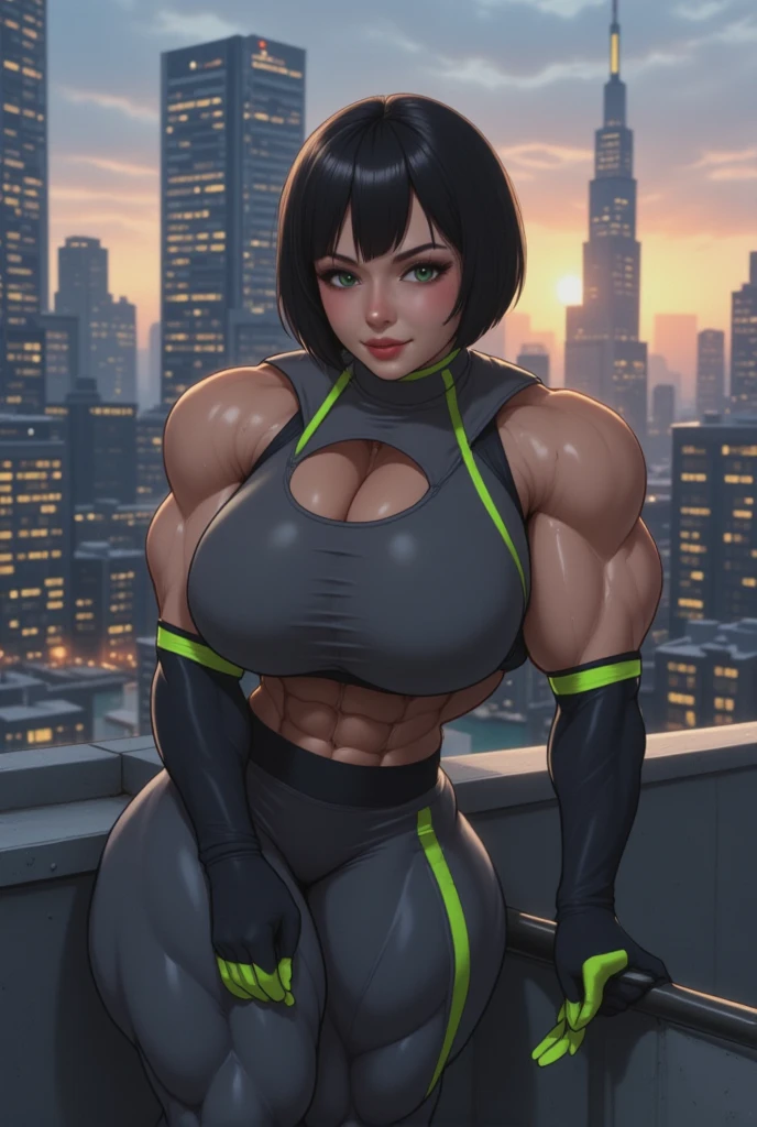 a striking Asian muscle woman with an imposing presence with facial features that are bold and determined, complemented by intense eyes that reflect both confidence and a hint of mischief. flexing muscles wearing red muscle shirt and black short shorts, her hair straight, jet-black flowing down her back, adding to the dynamic aura she carries, muscle woman, big muscles, huge muscles, massive muscles, muscle girl, light skin, (((Huge breasts))), ((long legs))