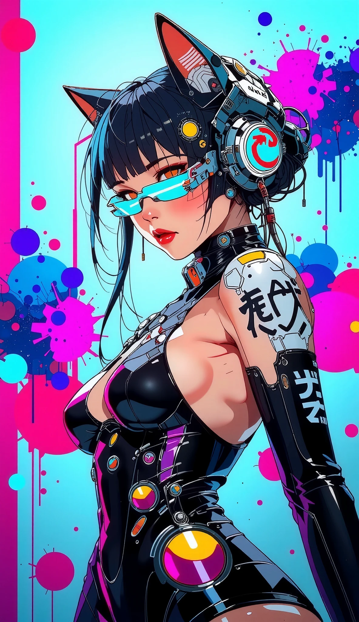 top-quality))、((masterpiece)、cyberpunked、catgirl, revealing cyberpunk clothing, purples, blues, reds, (andy warhol), illustrated anime, retro style classic, big breasts, no background, neon colorsplash background, glitter dust, ethereal, shiny skin,