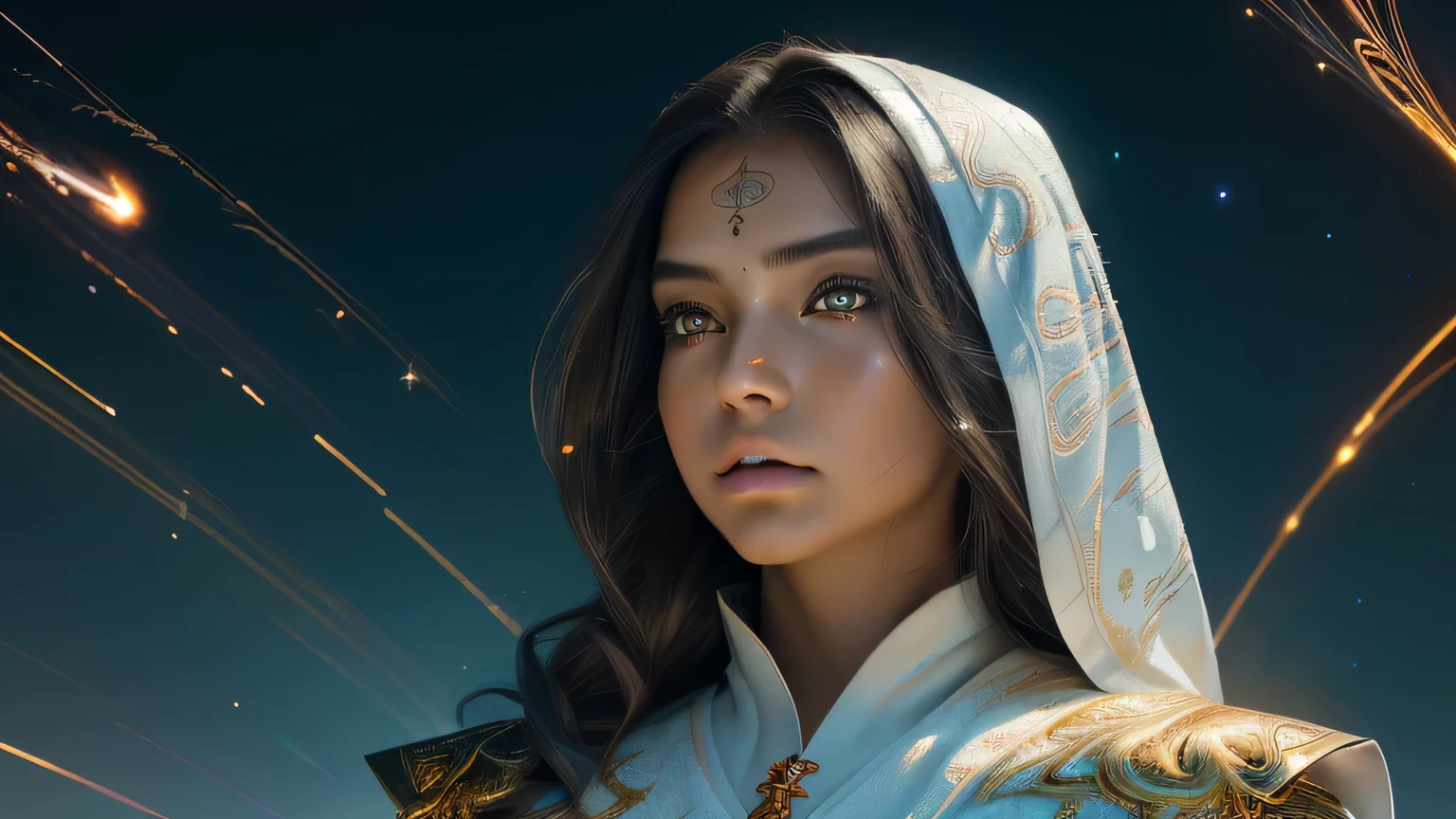 (masterpiece, highest quality, highest quality, Official Art, beautifully、aesthetic:1.2), (One girl), Very detailed, (Fractal Art:1.3), colorful, Most detailed, Perfect Face, Upper Body, High resolution, (pray:1.3), (White cloak, golden lines:1.2), Milky Way, (Streaks of Light), Impressive visuals, (Dynamic stripes, Light trail:1.2), Vibrant colors,