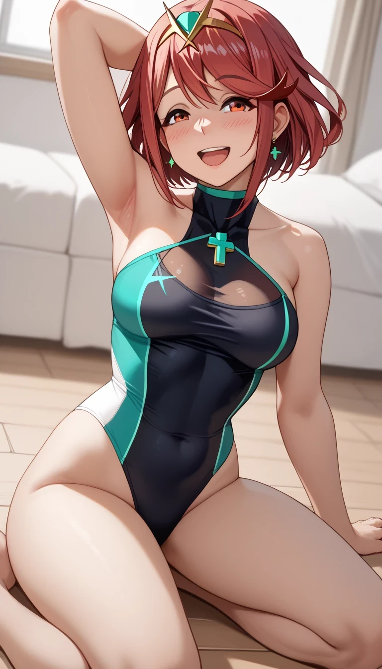 masterpiece, Highest quality, Very detailed, Glowing Skin, Professional Lighting, sakimiyairuka, One side up, Green scrunchie, hair ornaments, Redhead, Green Eyes, Large Breasts, Big Ass,Firm stomach, Playboy Bunny,NFSW