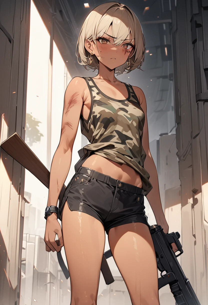 Young girl, short blonde hair, blue eyes, soldier's camouflage uniform, sleeveless, open belly, gun, serious look, masterpiece, high quality