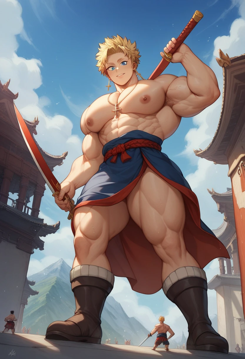 Showing off his muscular muscular back, red skin, bright red skin, the boy blushed shyly , rosy skin, shiny skin(muscular thigh muscles )( anime style, art) (photo angle from bottom up) (photo angle from the ground upwards) [Anime photo][highest quality photo][4k,HD photo quality ],  (muscular thigh muscles, firm thigh muscles, muscular thigh muscles, sinewy thigh muscles, giant thigh muscles, strong leg muscles, muscular hamstring leg muscles)(thigh), muscular, calloused, sinewy, giant) , Bennett(Genshin Impact),fun, happy, huge body, muscular and muscular, bodybuilder, bodybuilding, standing, lots of sweat flowing down, topless, shirtless, hot sunny, 8 pack abs , short hair , green eyes, Side View , Raise your arms high to reveal your armpits, Hands behind the head, cum, cumming, huge penis, huge erect penis slipping out of loincloth, large penis, long penis, showing his fully erect penis, cumming with erection, no clothes, torn clothes, holding hus own penis, masturbation, cum in penis, big penis, moaning, white hair, green eyes, cum leaking on penis, penis squirting cum