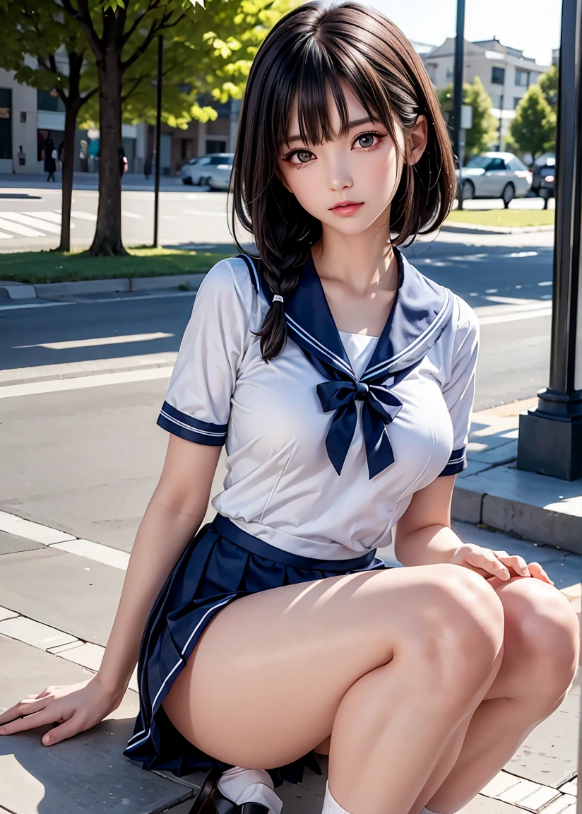 (reality: 1.4),highest quality, masterpiece, high detail, 16K quality, beautiful, 1 beautiful girl,japanese,super beautiful face,,japanese idol face,cute face,super detailed face,detailed hand,beautiful skin,oily skin,big eyes,profeccional lighting,medium hair,black hair,brown beautiful eyes, big smile,sitting with knee up, (skirt lift),big breasts,(sailor suit),(checked skirt),white panties,(showing panties),black high socks,spread legs, she is looking at the camera,Skyscraper rooftop,blue sky, nsfw,from front,