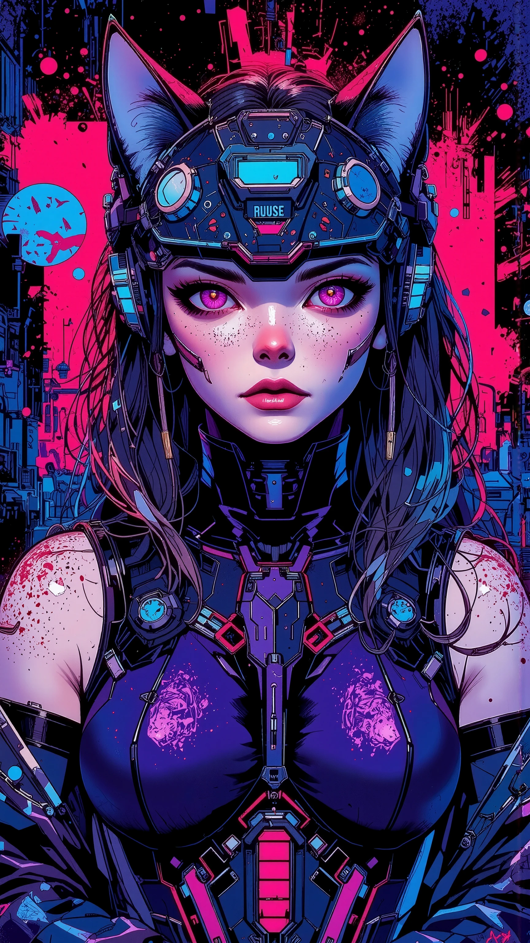 top-quality))、((​masterpiece)、cyberpunked、catgirl, revealing cyberpunk clothing, purples, blues, reds, (andy warhol), illustrated anime, retro style classic, big breasts, no background, neon colorsplash background, glitter dust, ethereal, shiny skin, 