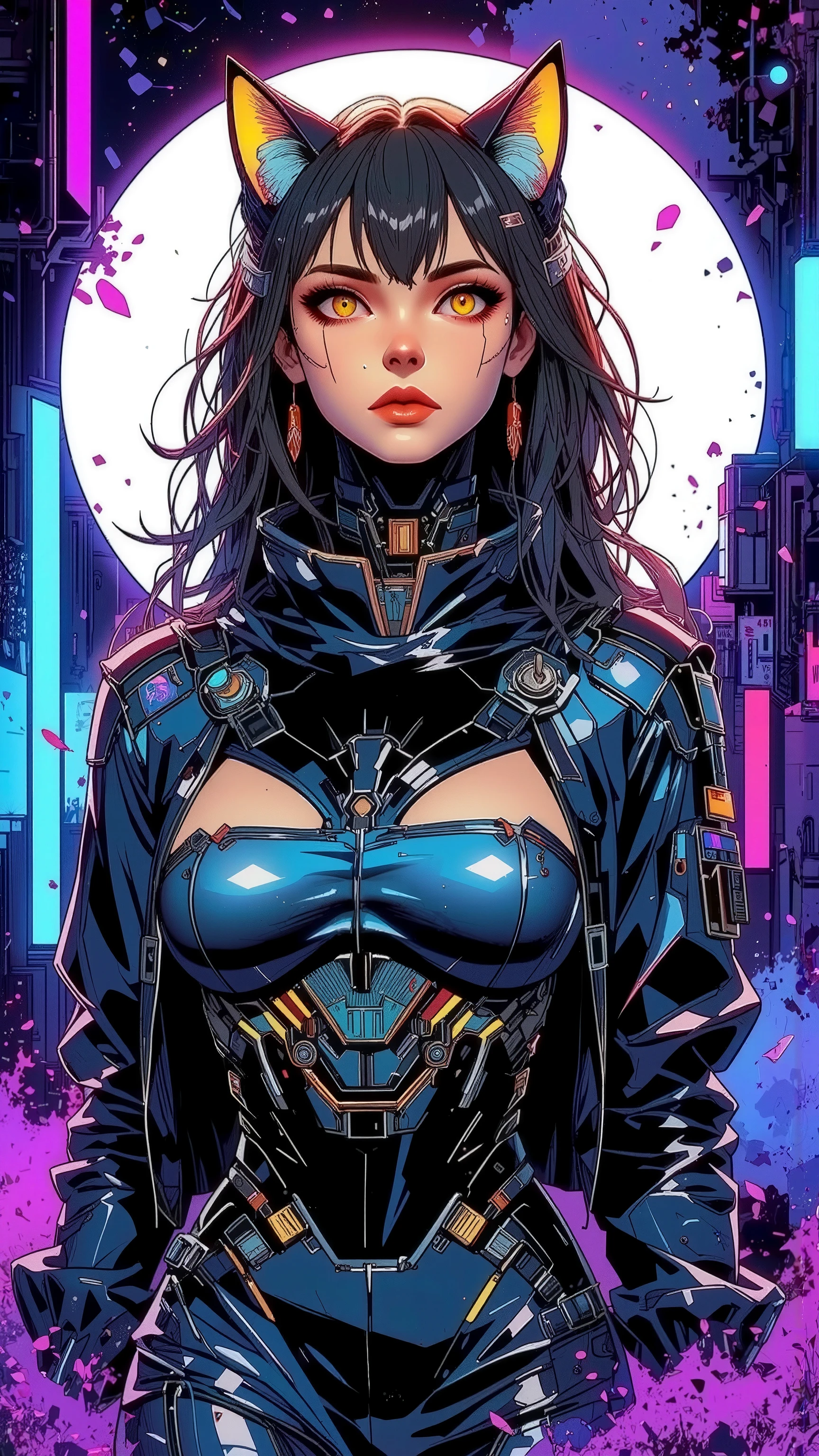 top-quality))、((masterpiece)、cyberpunked、catgirl, revealing cyberpunk clothing, purples, blues, reds, (andy warhol), illustrated anime, retro style classic, big breasts, no background, neon colorsplash background, glitter dust, ethereal, shiny skin,