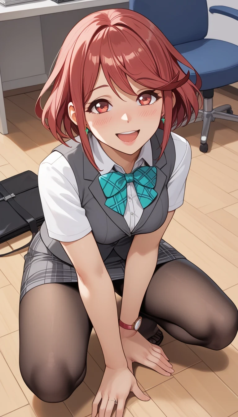 score_9, score_8_up, score_7_up, source_Anime Top Quality、8k、 masterpiece、ultra high definition、 natural light、perfect anatomy、 perfect eyes、beautiful eyes、 Highlights、One Woman、medium breasts、saggy breasts、Pyra 、(is embarrassing:1.3、 happy)、Office Lady、(plaid office vest)、ribbon、Skirt、Pantyhose、crouches on the floor