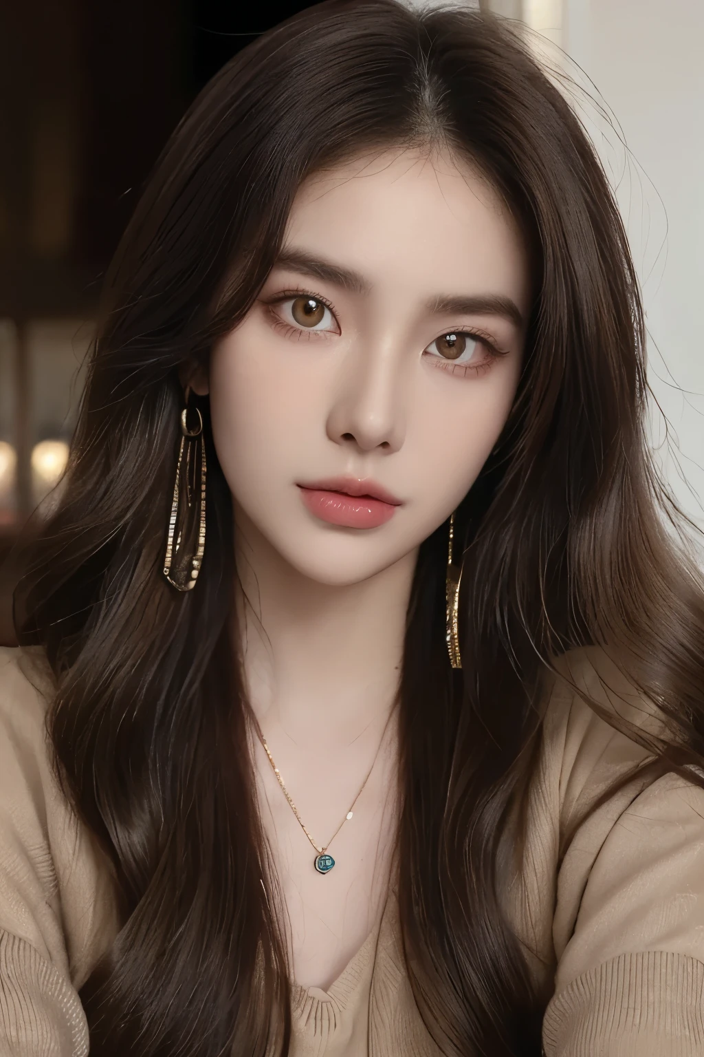 ((Masterpiece, high quality, super detailed, 4k, RAW Photo)), 1 girl, wavy hair, ((brown ombre hair)), Perfect face, thin face, ((lying silkworm eyes)), shinny skin, long sleeve t-shirt, in the mini bar, look at the camera, slim body, perfect eyes, big nose, wearing necklace with pendant, earings