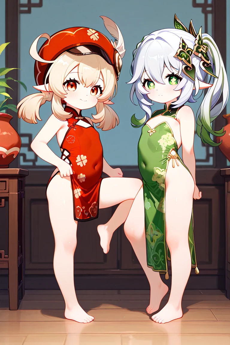 All kinds of people (Touhou),NUDE, ,spread both legs,arm behind head,flat chest,, squat exercise,whole body(from the top of the head to the toes),,female Bodybuilding,1 girl(Central photo).Jagged teeth,Gray Hair.Red goat horns,Pointed Ears