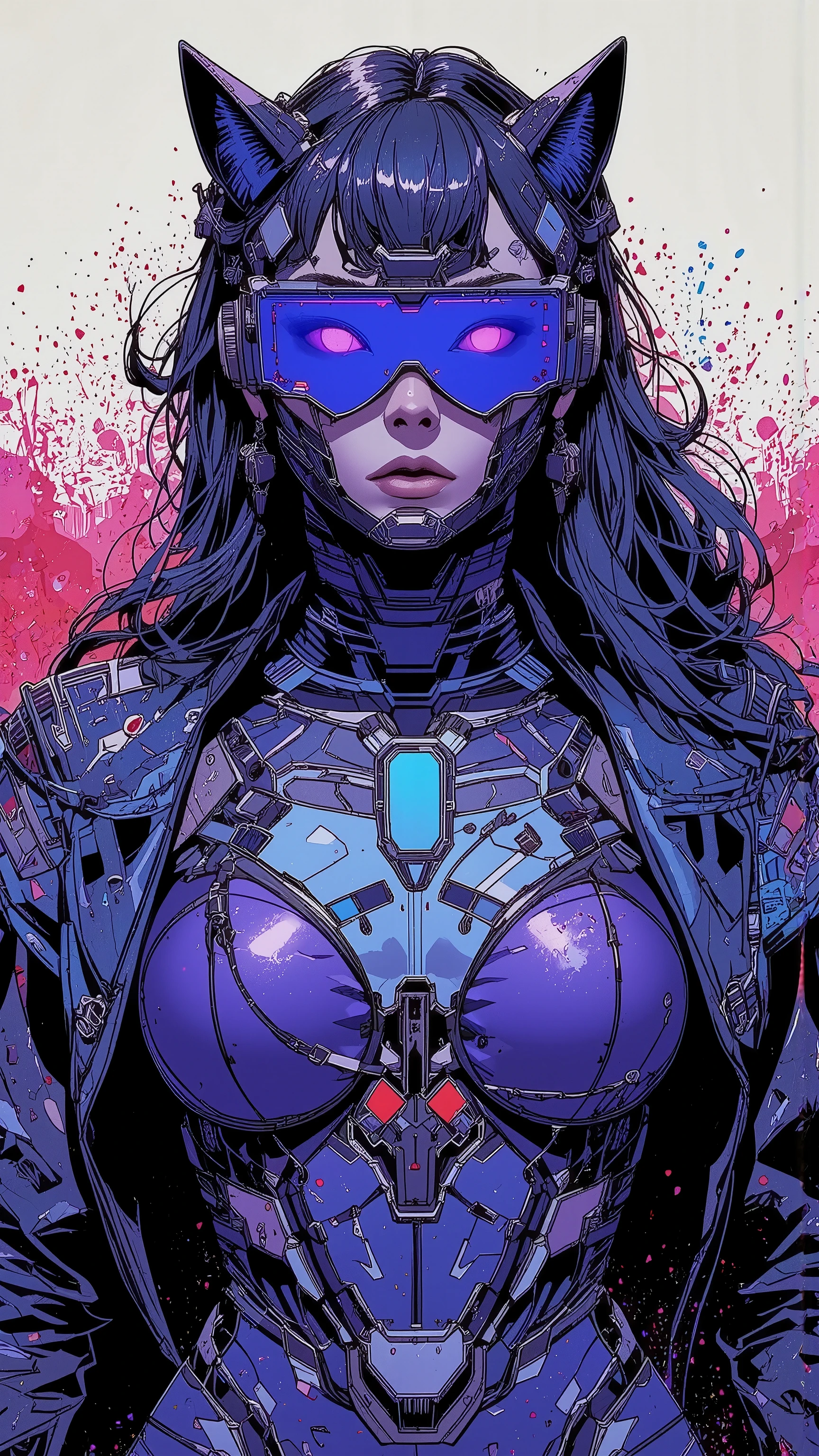top-quality))、((masterpiece)、cyberpunked、catgirl, revealing cyberpunk clothing, purples, blues, reds, (andy warhol), illustrated anime, retro style classic, big breasts, no background, neon colorsplash background, glitter dust, ethereal, shiny skin,