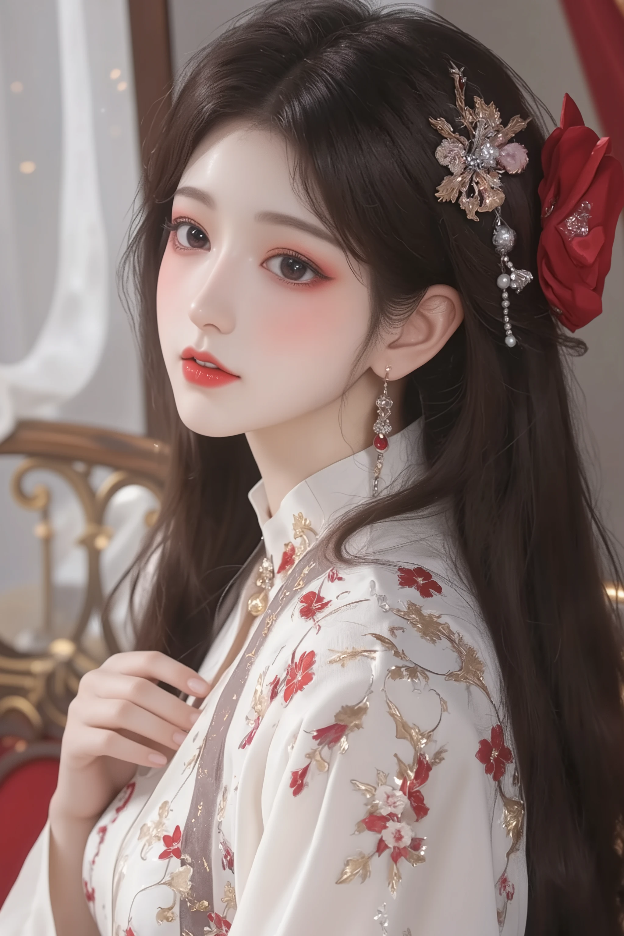 best quality, ultra-detailed, huge filesize, wallpaper, day, indoor, chair, curtain, bishoujo, black hair, long hair, bob cut, black eyes, red eyeshadow, big breasts, hair bow, smirk, stand, head tilt, hand on own chest, gorgeous, big top sleeves