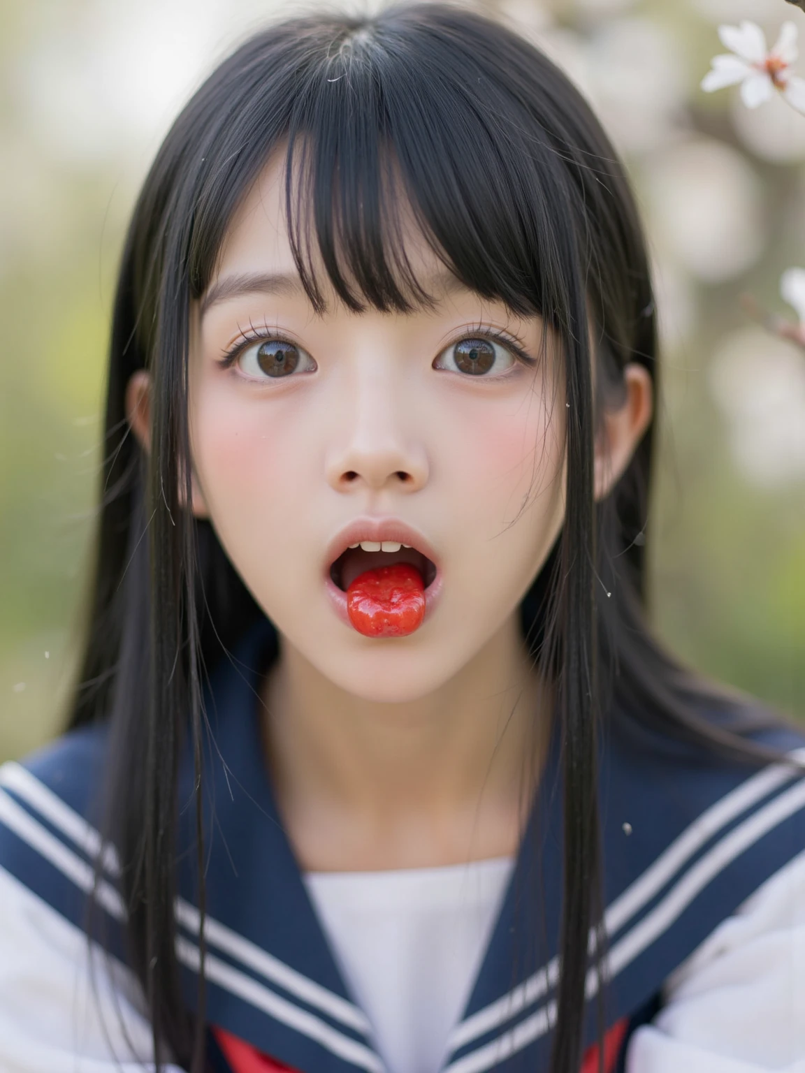 ((stick out a wet tongue))、((half open mouth))、((Glossy red lip gloss))、(The look of waiting for a kiss)