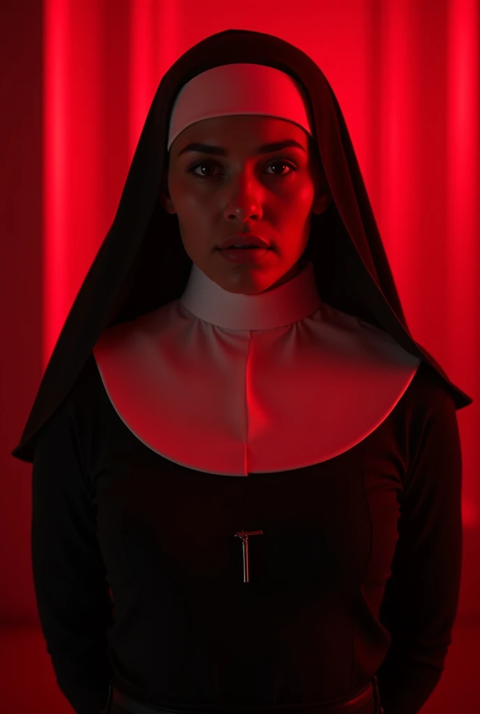 raw, Analogue) (gothic nun huge tits), Set in the 1990s, Surreal makeup, Leather clothing inside a gothic church at night, Neon lights, Very dark, terror, Shades of red, chaos, evil, High detail, Very realistic, Sony A7III, Cinema lighting, film, wheat, UHD faces, Volumetric shadow, insanely detailed,