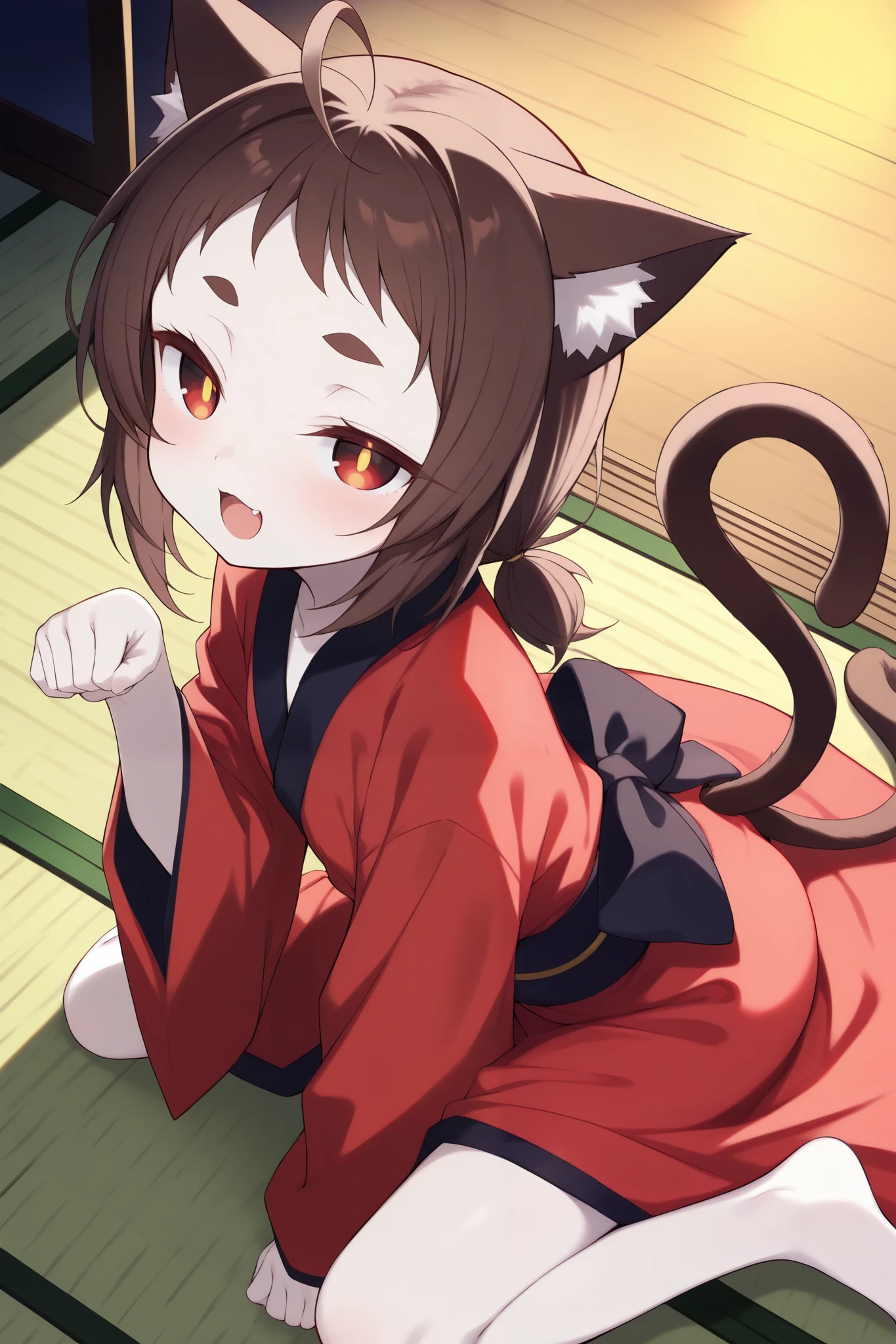 score_9, score_8_up, score_7_up, (dim, dark room, deep shadows, tatami), pale skin, looking up at viewer, from above, from side, dutch angle, (solo, 1girl, nekomata, red eyes, dark brown hair, low twintails, short twintails, very short bangs, ahoge, cat ears, white fur inside cat ears), (((li, thin, petite, short body))), (red kimono), cat pose, wariza, ((two cat tails)), half closed eyes, cat eyes, (((gold pupils))), blash, smile, open mouth, fang