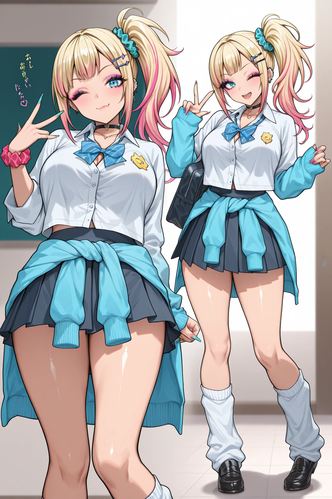 ((2 girls))、(smile:1.5)、Small breasts、(Cowboy Shot)、(fun!!)、(Blonde)、(blush:1.4)、、(single braid)、(Eye highlights:1.3)、blake black shoes,(Black Skirt)、((hoodie:1.5)), Rest indoors, ((classroom:1.5))、 BREAK while watching the audience、(Grab the skirt:1.0)、 (Perfect hands, Perfect Anatomy),Cowboy Shot、(Skirt lift:1.3),(Highly detailed panties:1.3)、(Highly detailed panties:1.3)、、(スカート that rolls up:1.3)、(Full-fledged panties:1.5)、Light blue eyes、