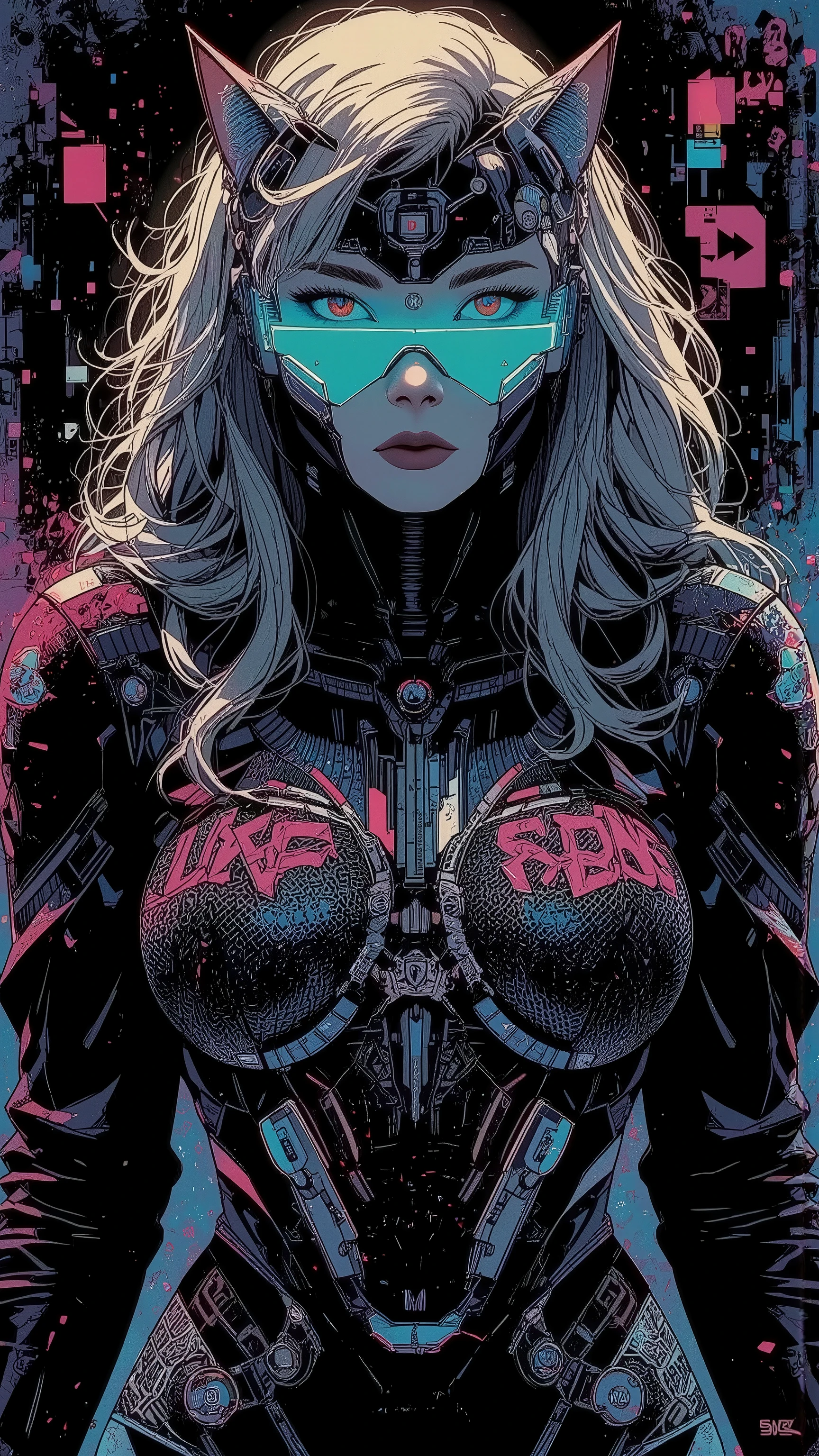 top-quality))、((masterpiece)、cyberpunked、catgirl, revealing cyberpunk clothing, purples, blues, reds, (andy warhol), illustrated anime, retro style classic, big breasts, no background, neon colorsplash background, glitter dust, ethereal, shiny skin,