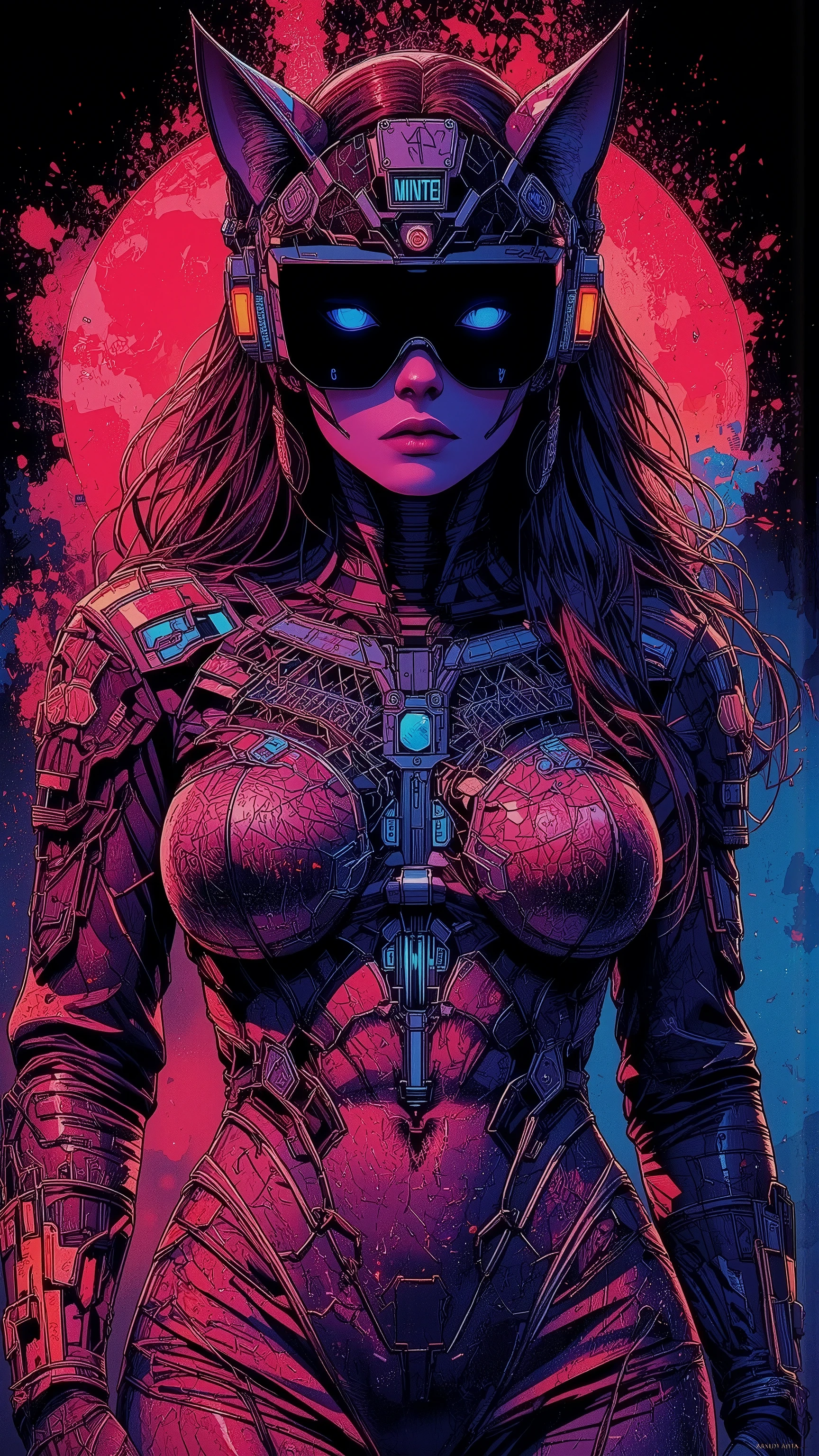 top-quality))、((masterpiece)、cyberpunked、catgirl, revealing cyberpunk clothing, purples, blues, reds, (andy warhol), illustrated anime, retro style classic, big breasts, no background, neon colorsplash background, glitter dust, ethereal, shiny skin,