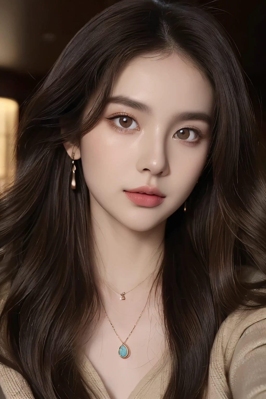 ((Masterpiece, high quality, super detailed, 4k, RAW Photo)), 1 girl, wavy hair, ((brown ombre hair)), Perfect face, thin face, ((lying silkworm eyes)), shinny skin, long sleeve t-shirt, in the mini bar, look at the camera, slim body, perfect eyes, big nose, wearing necklace with pendant, earings