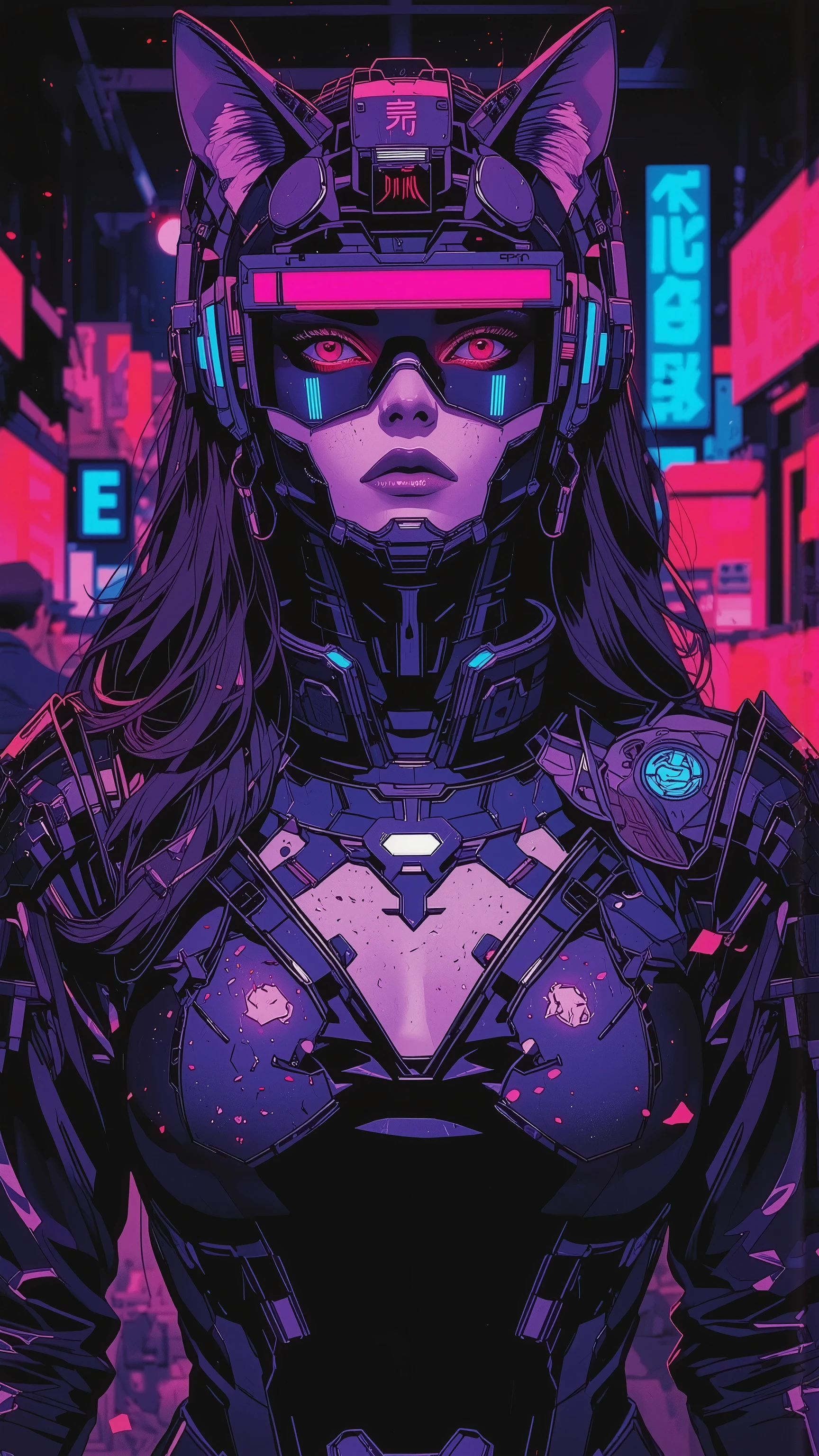 top-quality))、((masterpiece)、cyberpunked、catgirl, revealing cyberpunk clothing, purples, blues, reds, (andy warhol), illustrated anime, retro style classic, big breasts, no background, neon colorsplash background, glitter dust, ethereal, shiny skin,
