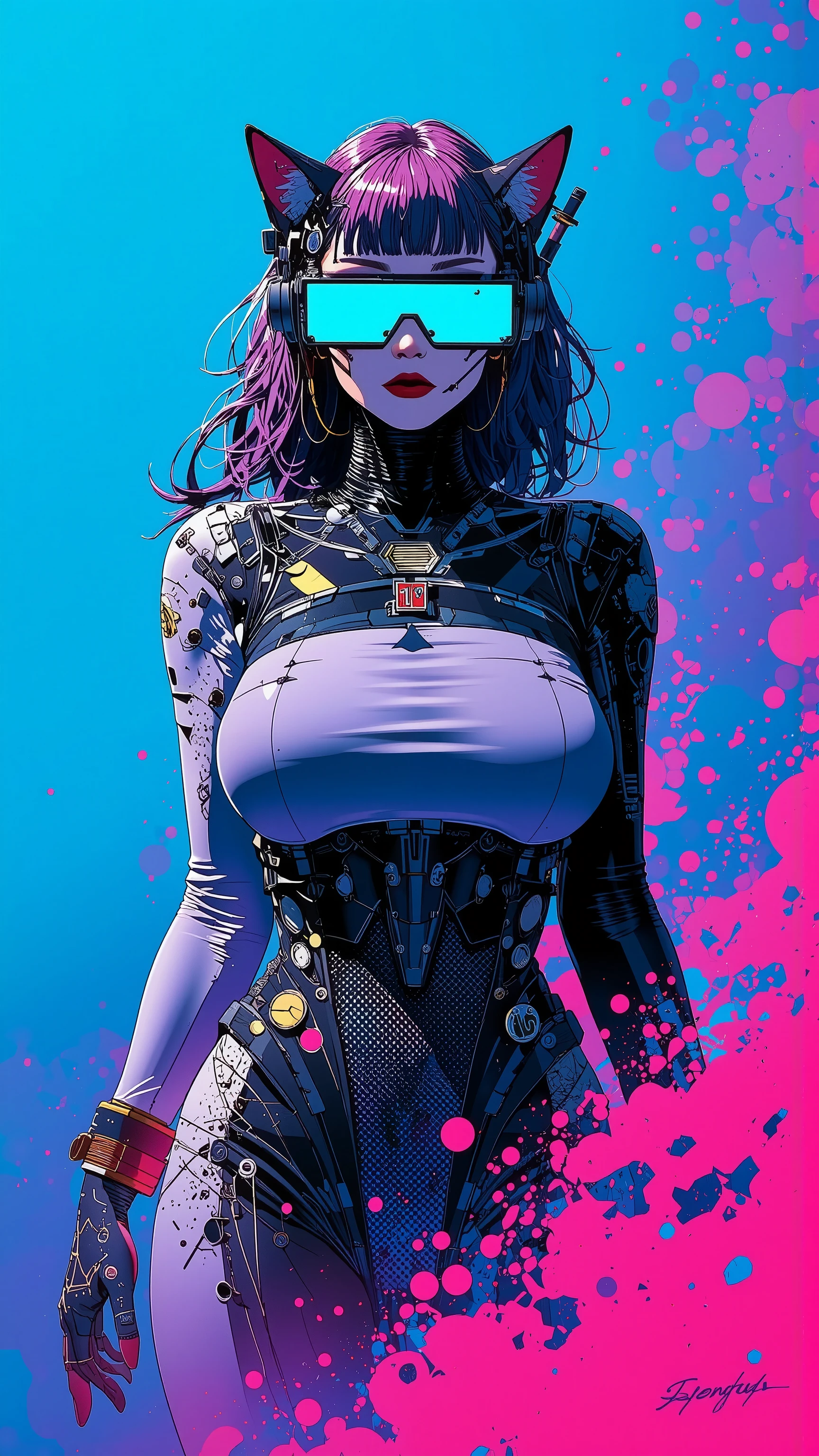 top-quality))、((masterpiece)、cyberpunked、catgirl, revealing cyberpunk clothing, purples, blues, reds, (andy warhol), illustrated anime, retro style classic, big breasts, no background, neon colorsplash background, glitter dust, ethereal, shiny skin,