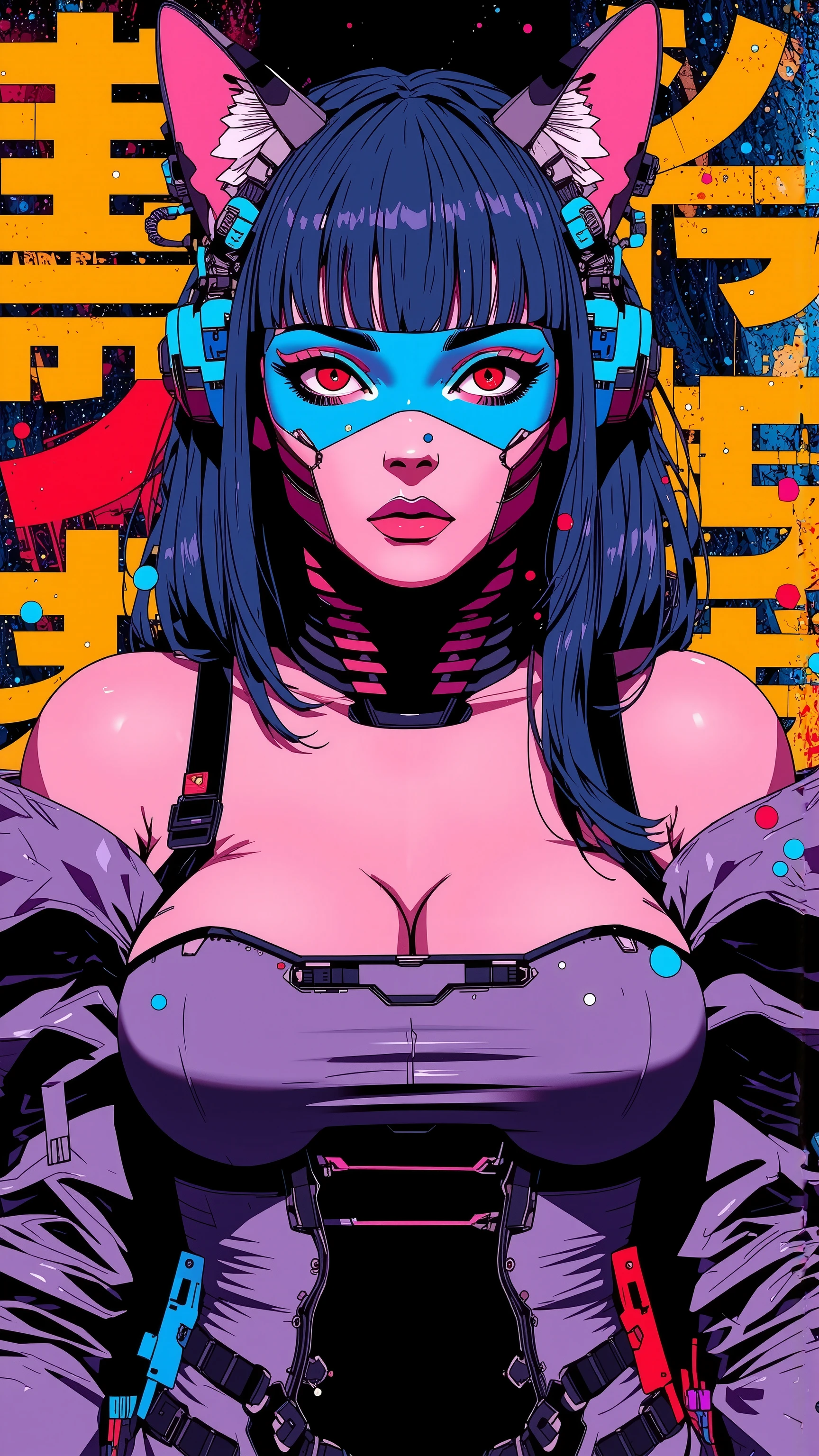 top-quality))、((masterpiece)、cyberpunked、catgirl, revealing cyberpunk clothing, purples, blues, reds, (andy warhol), illustrated anime, retro style classic, big breasts, no background, neon colorsplash background, glitter dust, ethereal, shiny skin,