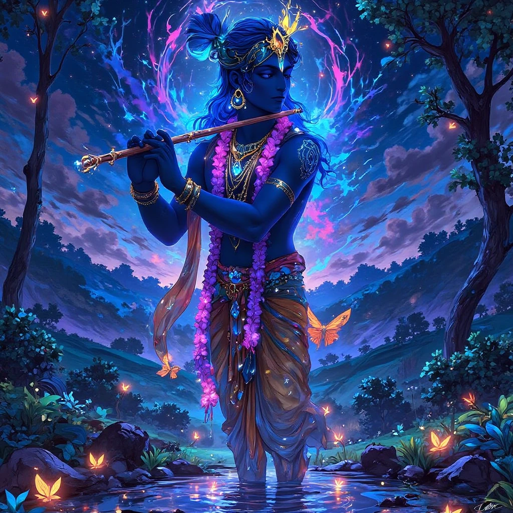 lord krishna playing with his flute, in the style of l0f14rt