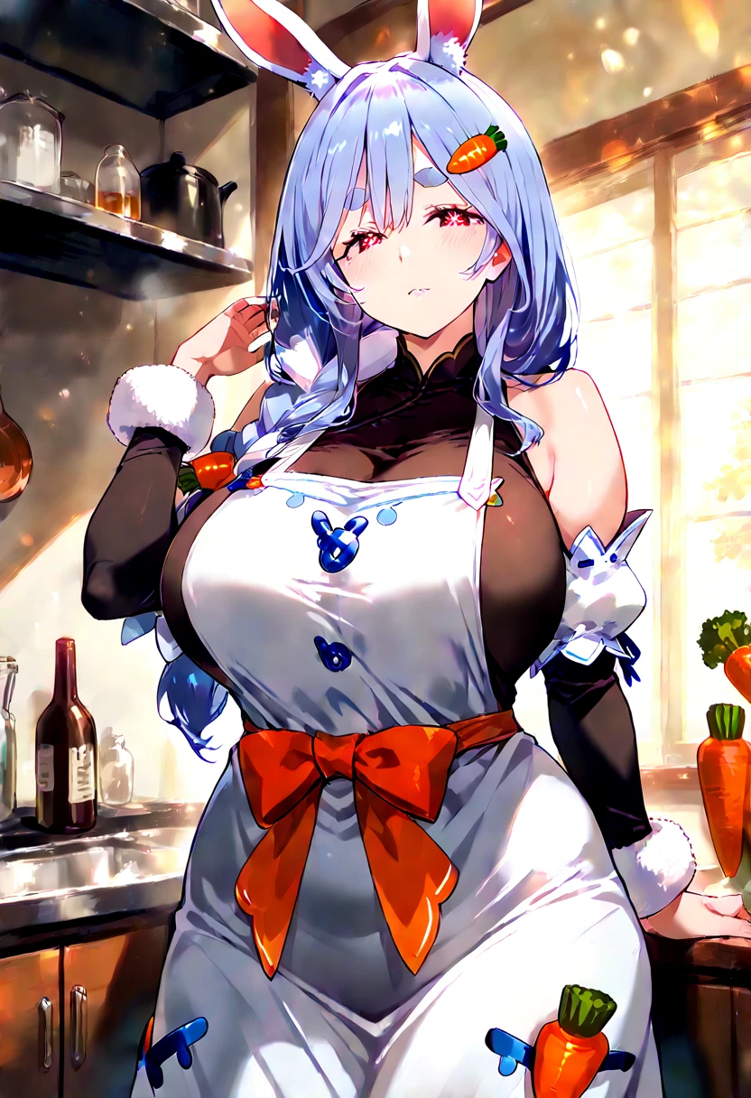 1girl,big_breasts,cap,bare_shoulder,closed_mouth,cold_look,skirt,sitting,hair_over_one_eye,