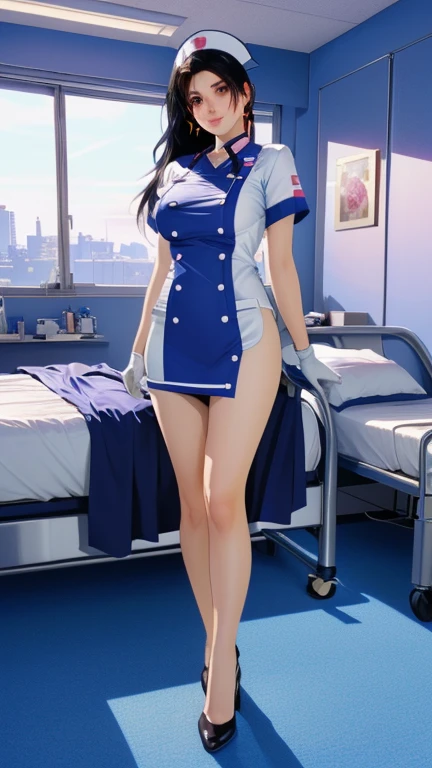 ultra detailed 8k cg, ((dark blue nurses' uniform,short), 23 year old Pakistani woman,spread legs, seductive smile,(from below:1,5), looking at the viewer, colorful, lilac lingerie, massive breasts, big ass,