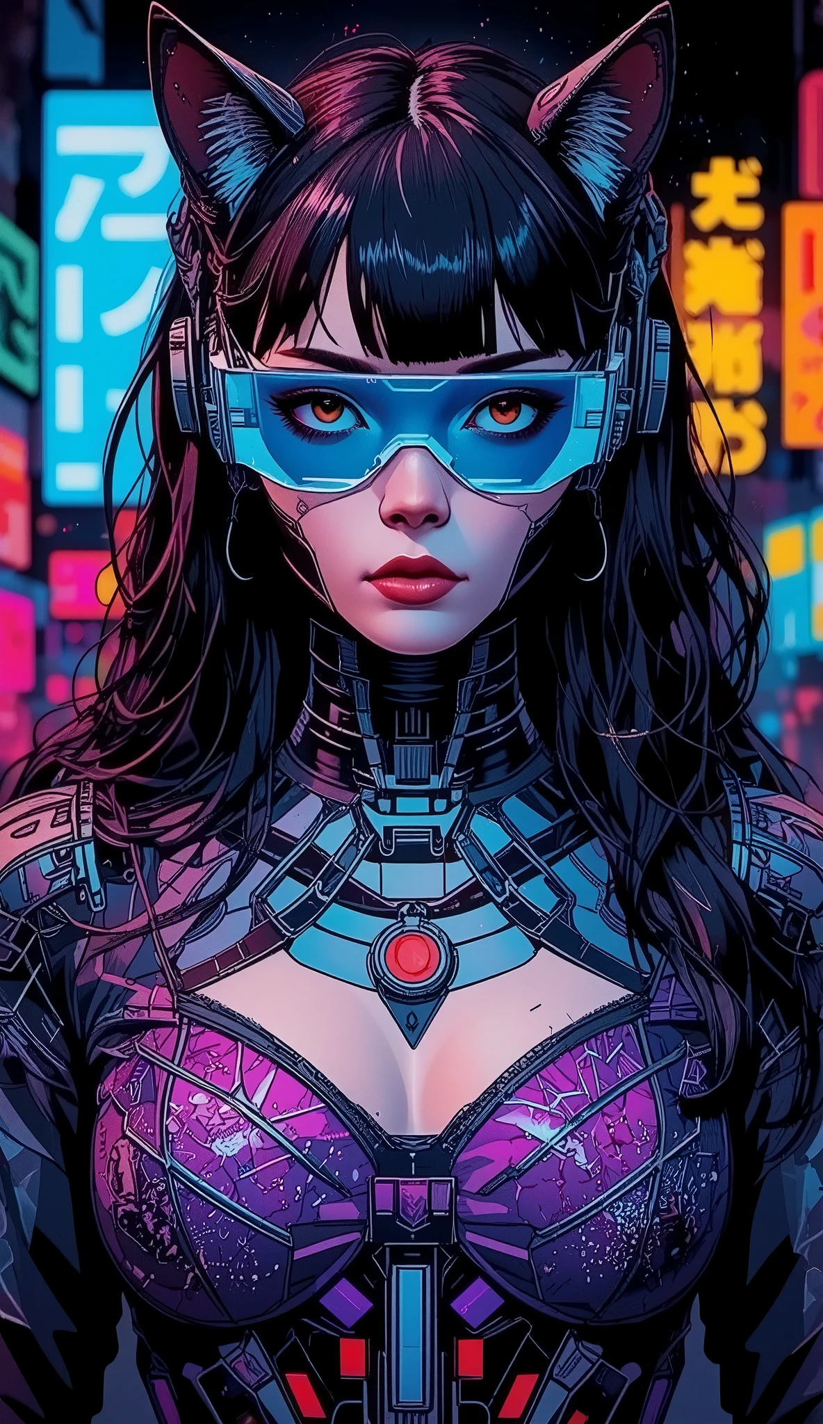 top-quality))、((masterpiece)、cyberpunked、catgirl, revealing cyberpunk clothing, purples, blues, reds, (andy warhol), illustrated anime, retro style classic, big breasts, no background, neon colorsplash background, glitter dust, ethereal, shiny skin,