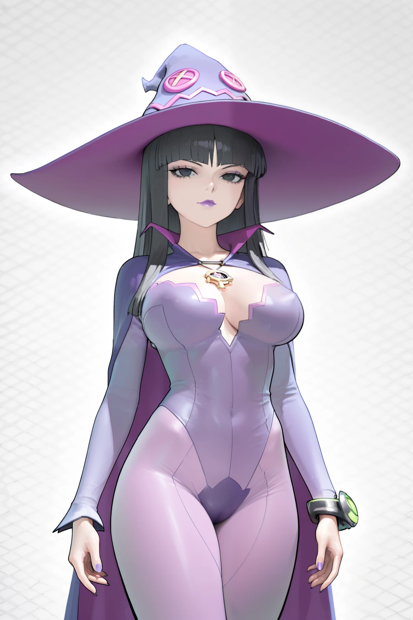 score_9, score_8_up, score_7_up, score_6_up, score_5_up, score_4_up,
BREAK
(masterpiece: 1.0), best quality, perfect anatomy, perfect composition, perfection, 4k resolution, absurdres, very aesthetic, professional artwork, absolutely beautiful,
Break
1girl, hime cut hair, slim body, black hair, black eyes, purple witch outfit, big breasts, bracelets, sharp features, witch hat, thicc lips, purple lips,