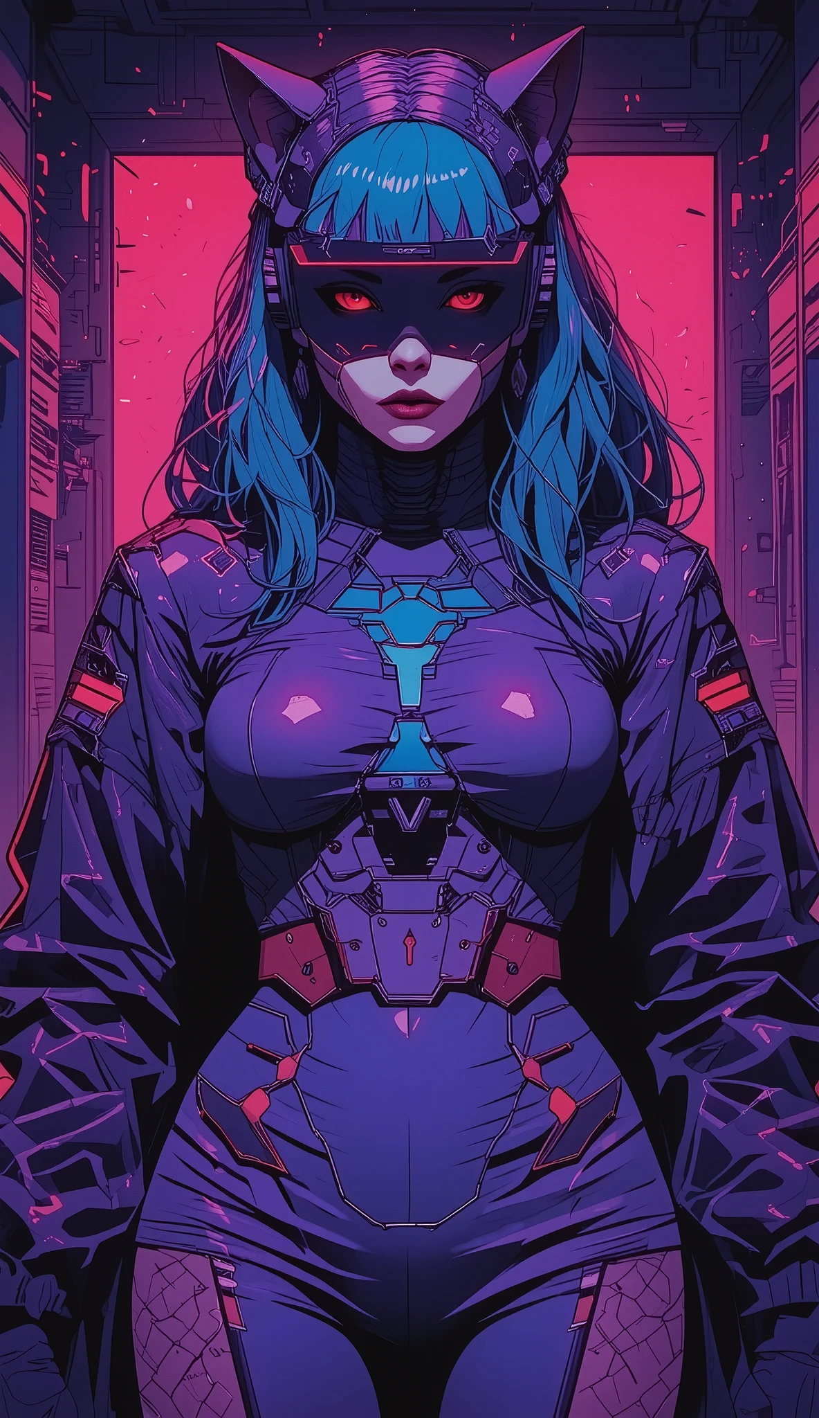 top-quality))、((masterpiece)、cyberpunked、catgirl, revealing cyberpunk clothing, purples, blues, reds, (andy warhol), illustrated anime, retro style classic, big breasts, no background, neon colorsplash background, glitter dust, ethereal, shiny skin,