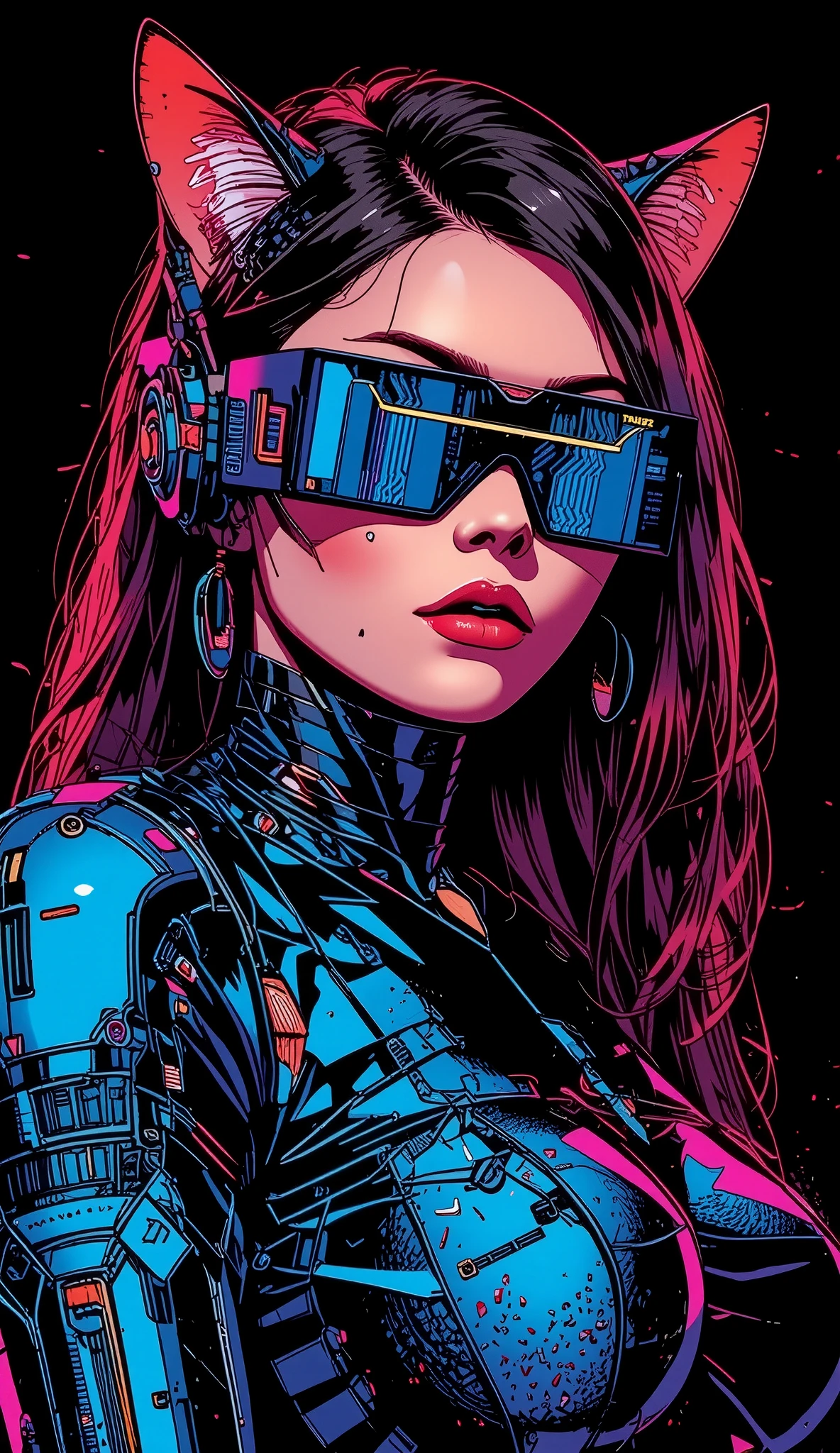 top-quality))、((masterpiece)、cyberpunked、catgirl, revealing cyberpunk clothing, purples, blues, reds, (andy warhol), illustrated anime, retro style classic, big breasts, no background, neon colorsplash background, glitter dust, ethereal, shiny skin,