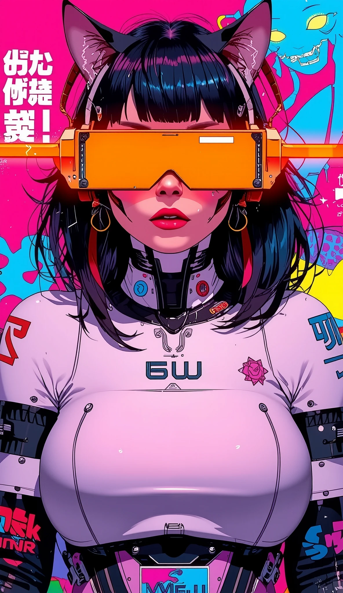 top-quality))、((masterpiece)、cyberpunked、catgirl, revealing cyberpunk clothing, purples, blues, reds, (andy warhol), illustrated anime, retro style classic, big breasts, no background, neon colorsplash background, glitter dust, ethereal, shiny skin,