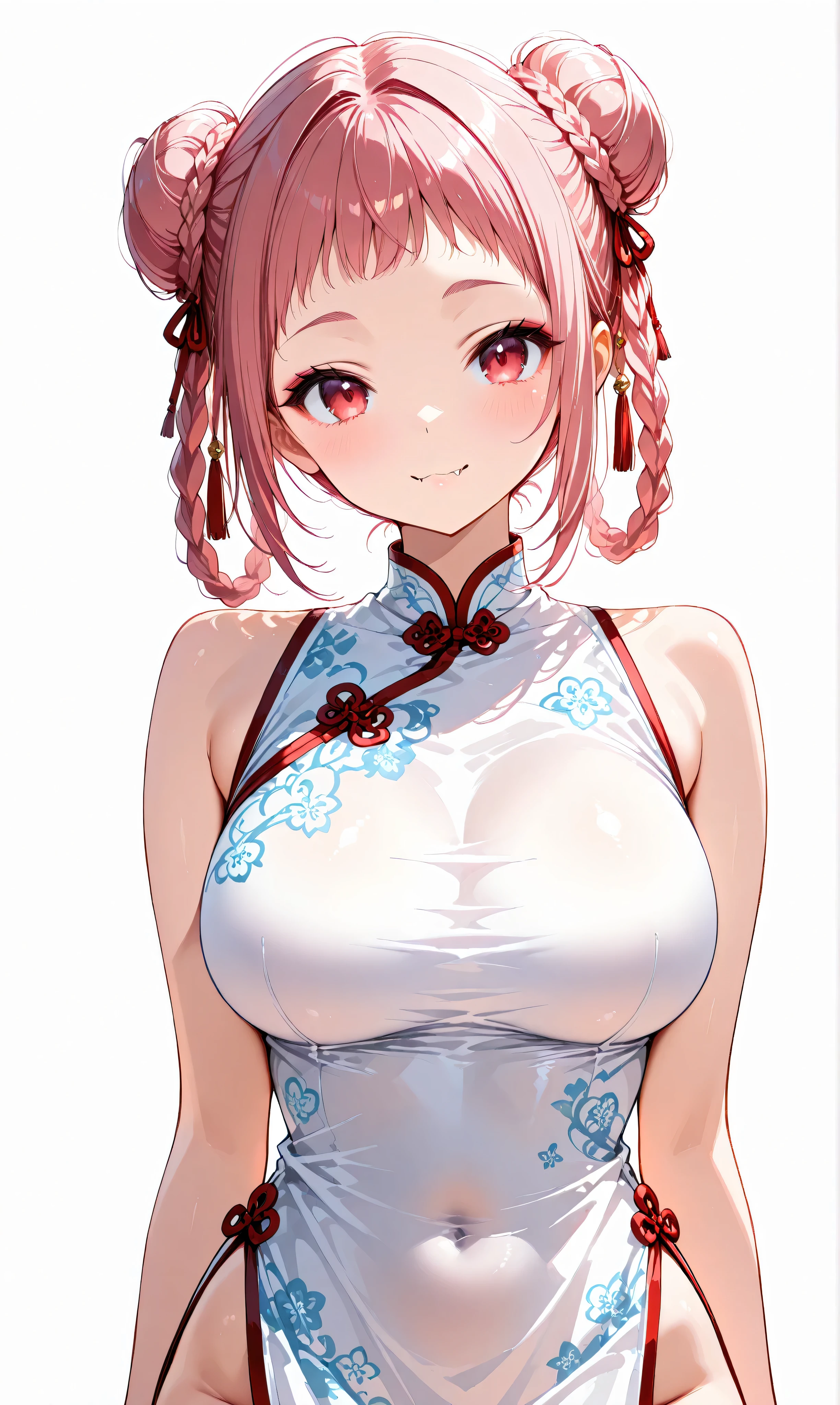 A cute young Kyung-si girl , Alone, has braids and short bangs on both sides surrounding her red eyes. mantras and traditional Chinese clothing when my big breasts are bare. when her little fangs are exposed 、 is posing with her nails .