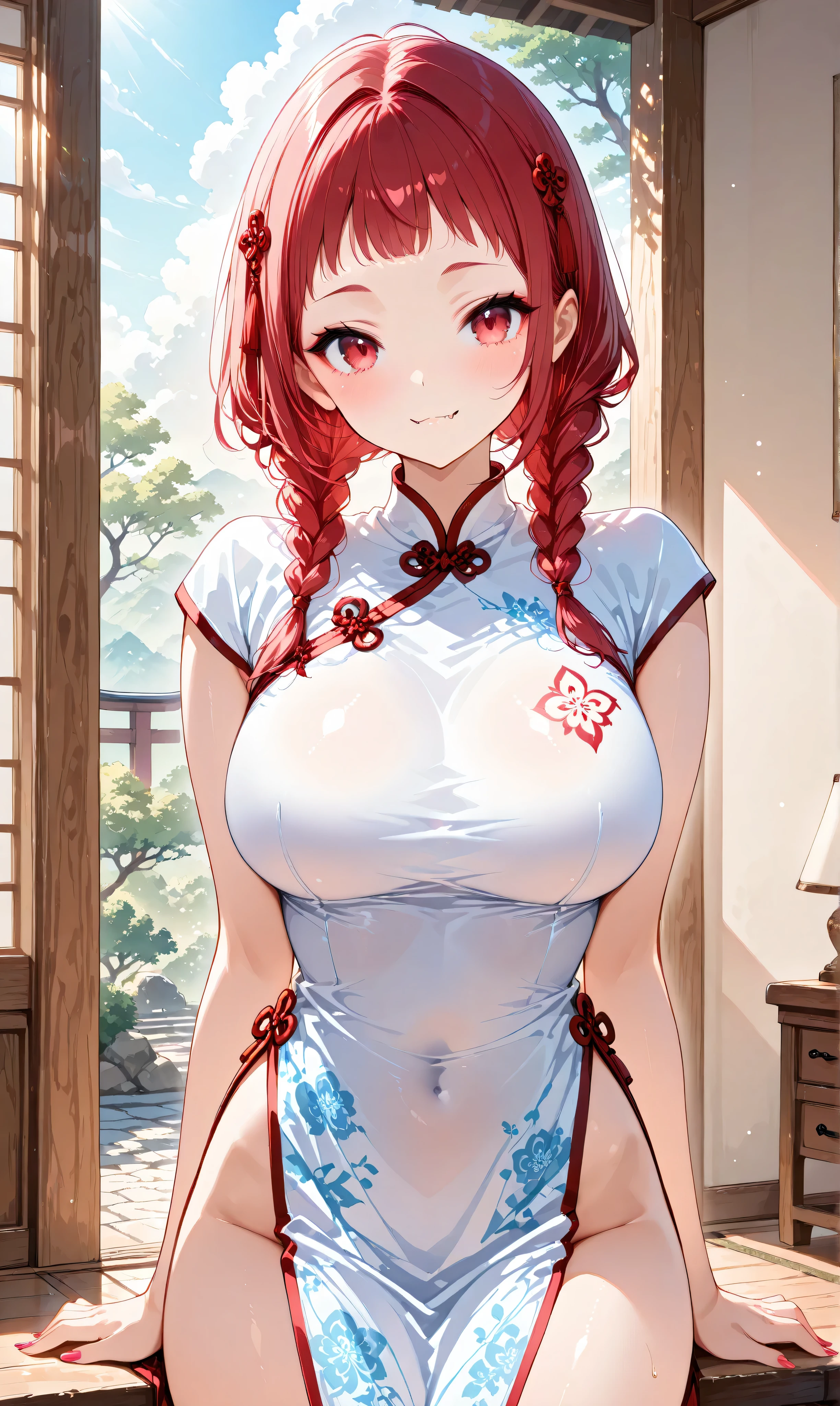 A cute young Kyung-si girl , Alone, has braids and short bangs on both sides surrounding her red eyes. mantras and traditional Chinese clothing when my big breasts are bare. when her little fangs are exposed 、 is posing with her nails .