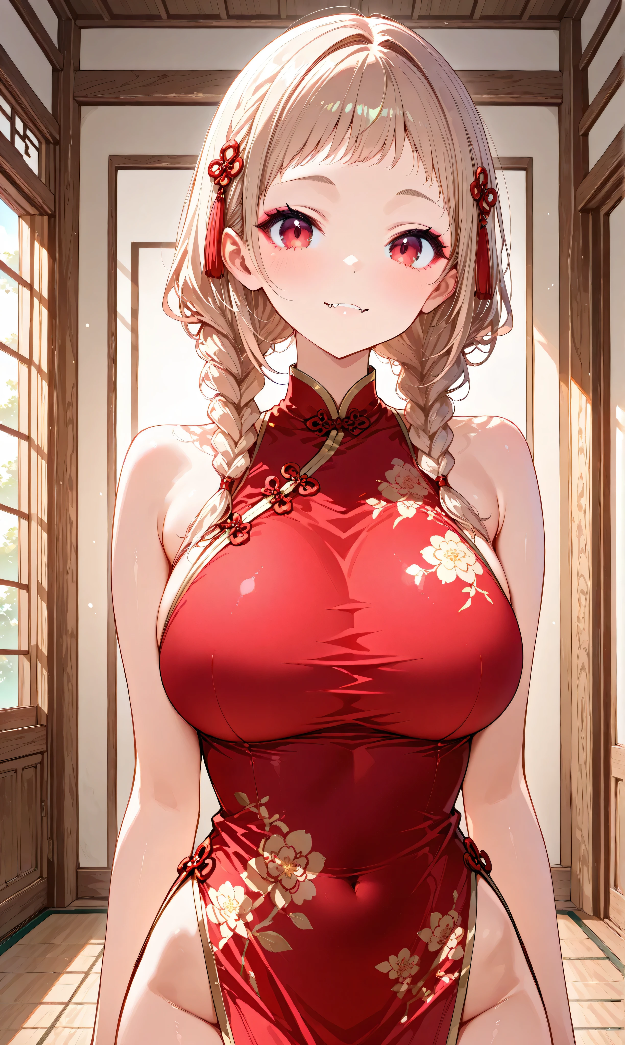 A cute young Kyung-si girl , Alone, has braids and short bangs on both sides surrounding her red eyes. mantras and traditional Chinese clothing when my big breasts are bare. when her little fangs are exposed 、 is posing with her nails .
