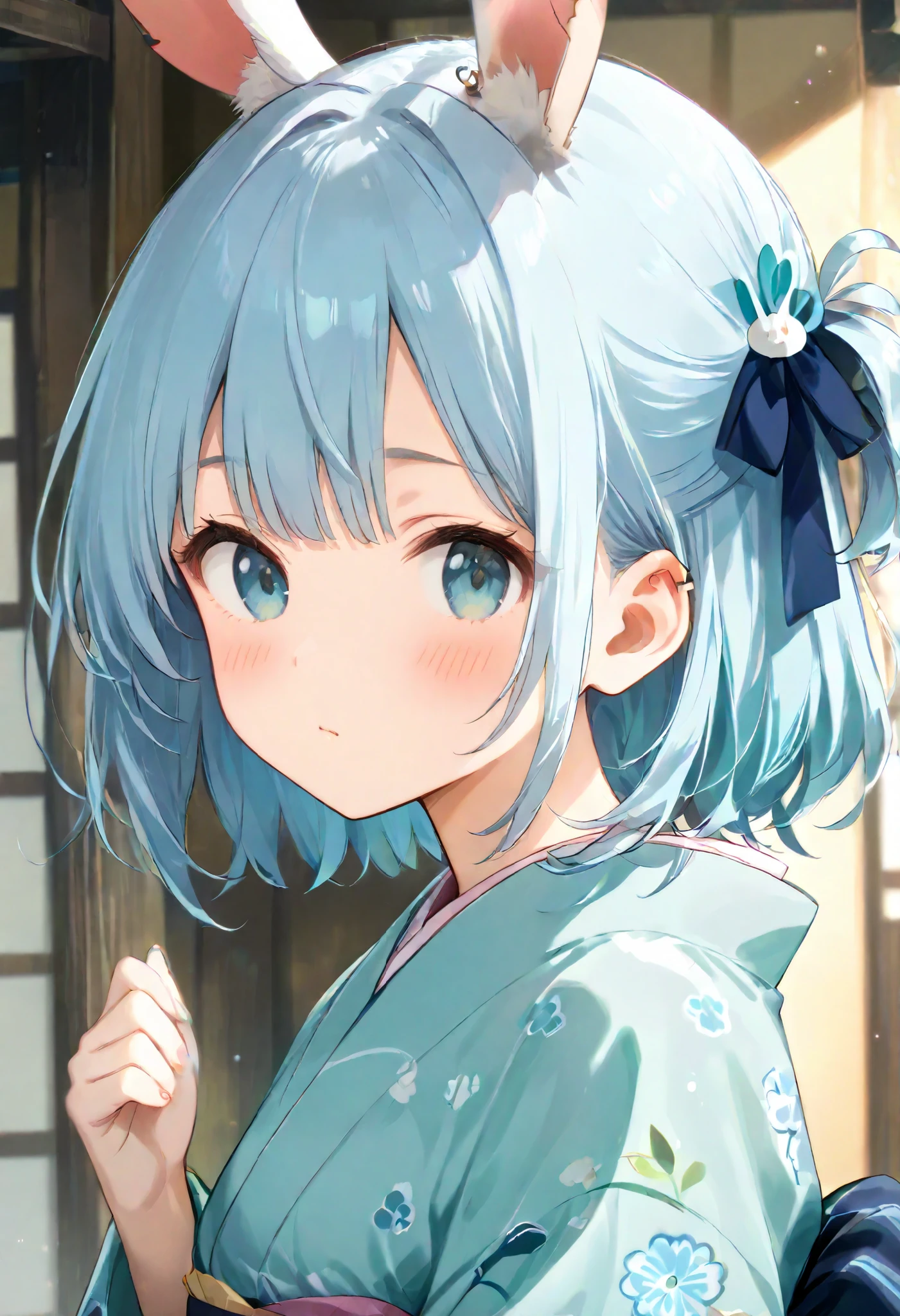 rabbit ears、fluffy、 kimono、broken ear、cute、light blue hair tied at the top、medium bob hair