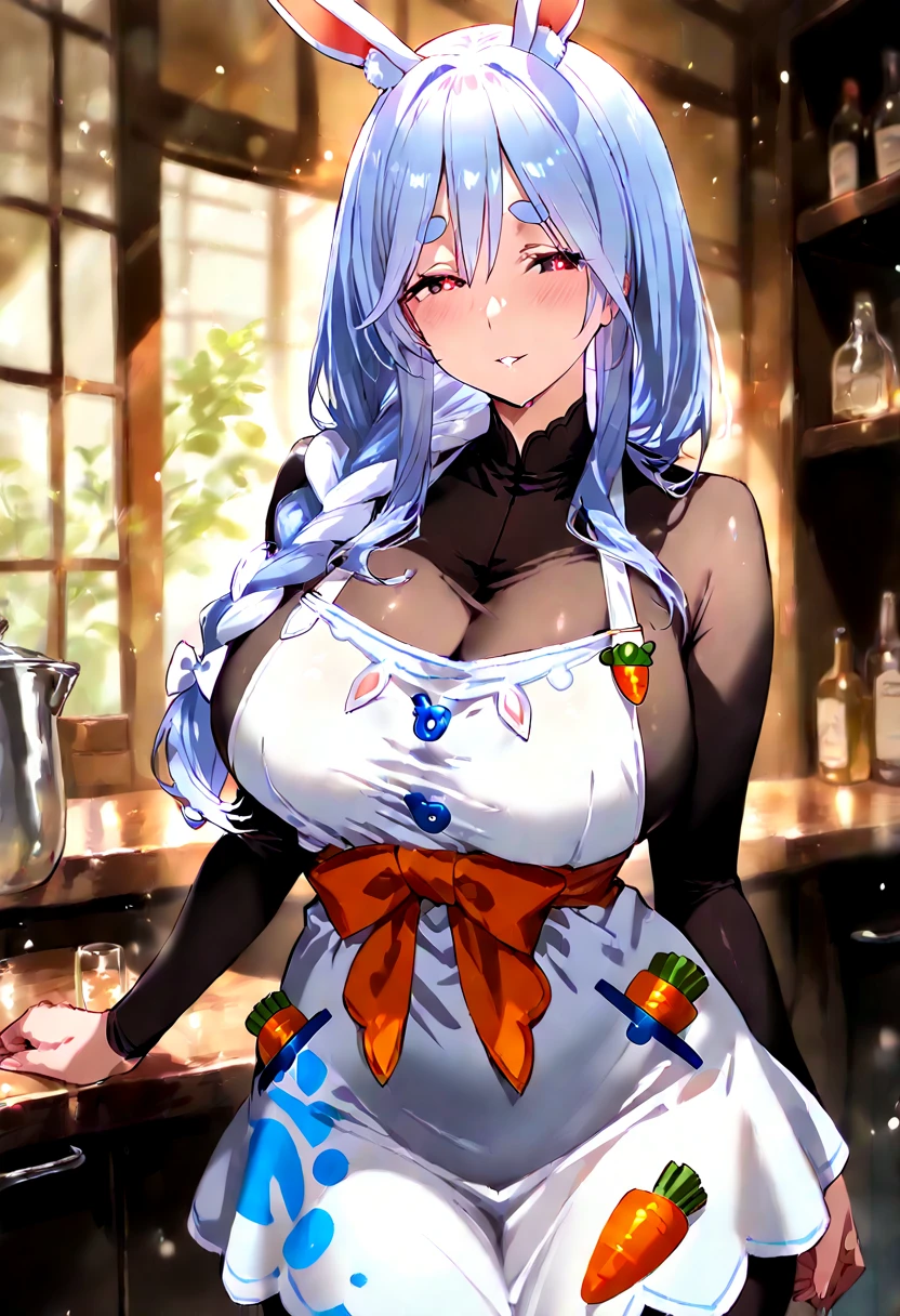 (dynamic angle:1.3, front view:0.9, breast focus:1.3, from below:1.2), (dynamic posing:1.5, sexy posing:1.3, leaning forward), (seductive smiling:1.3),masterpiece, 1girl, pointed chest:1.3,(double breasted:1.2,under bust:1.2), Amazing Cleavage:1.3, thin waist, big ass, Raised sexy, big breast: 1.2 posed cleavage:1.2、solo, looking at viewer, open mouth, silver bronde hair, blue eyes, bare shoulders, collarbone, sidelocks, hairband, sapphire earrings, indoors, red off shoulder sweater dress, arms behind back, short hair with long locks, blue gold hairband, big side hair, very long side hair is rendered in (masterpiece: 1.2, best quality), with (ultra high resolution) and an exquisite (depth of field). This masterpiece is not only visually stunning but also tells,A scene of cooking in the kitchen 