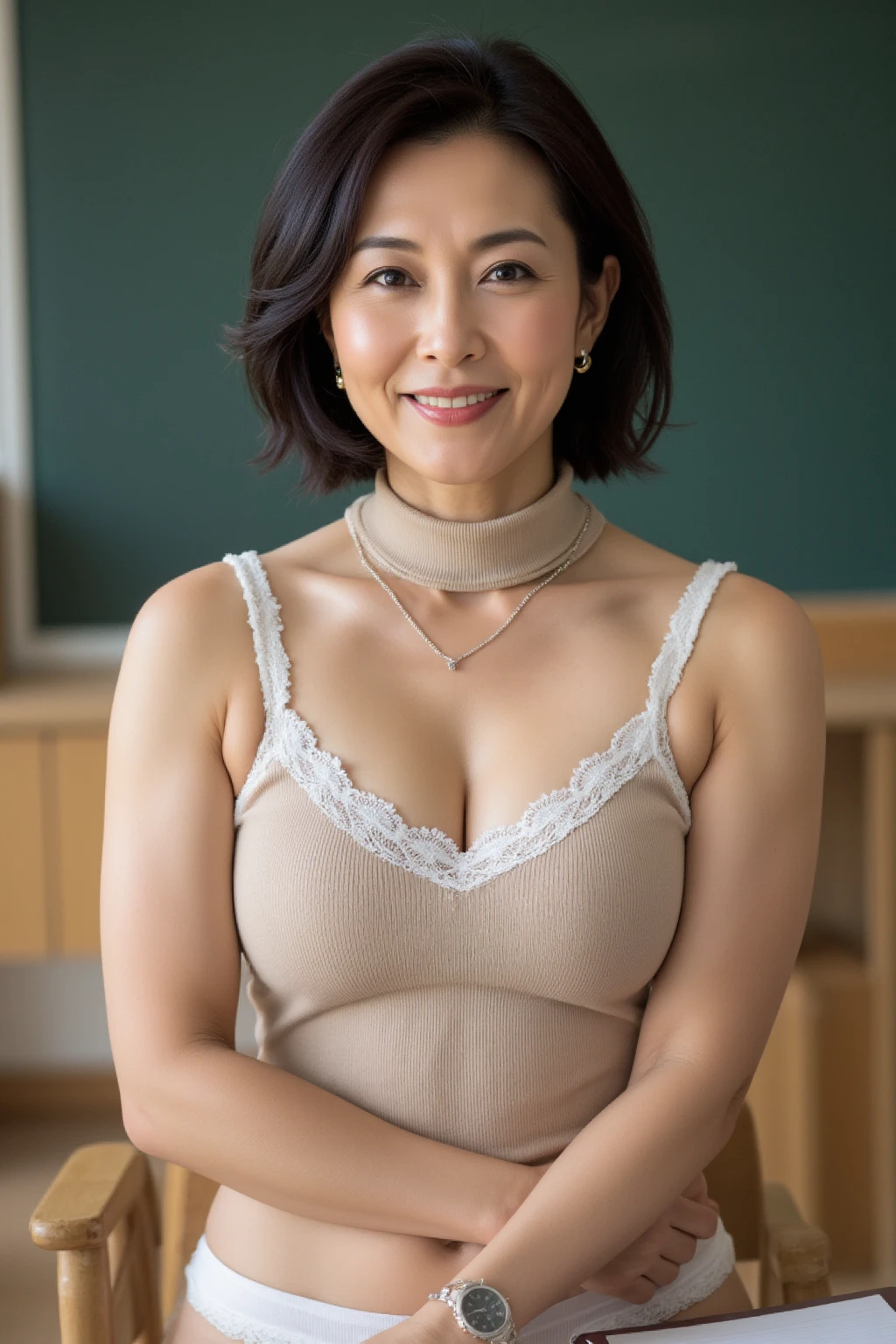 Beautiful Japanese Women、Beautiful Mature Woman、Classy sex appeal、sexy、Perfect Lighting、Beauty、Transparent beauty、8K High Resolution、Beauty in natural light、High resolution、Photorealistic、Masterpiece、smile、Gravure quality、5 Mrs.、Plump body shape、Dark lipstick、Sleeveless shirt