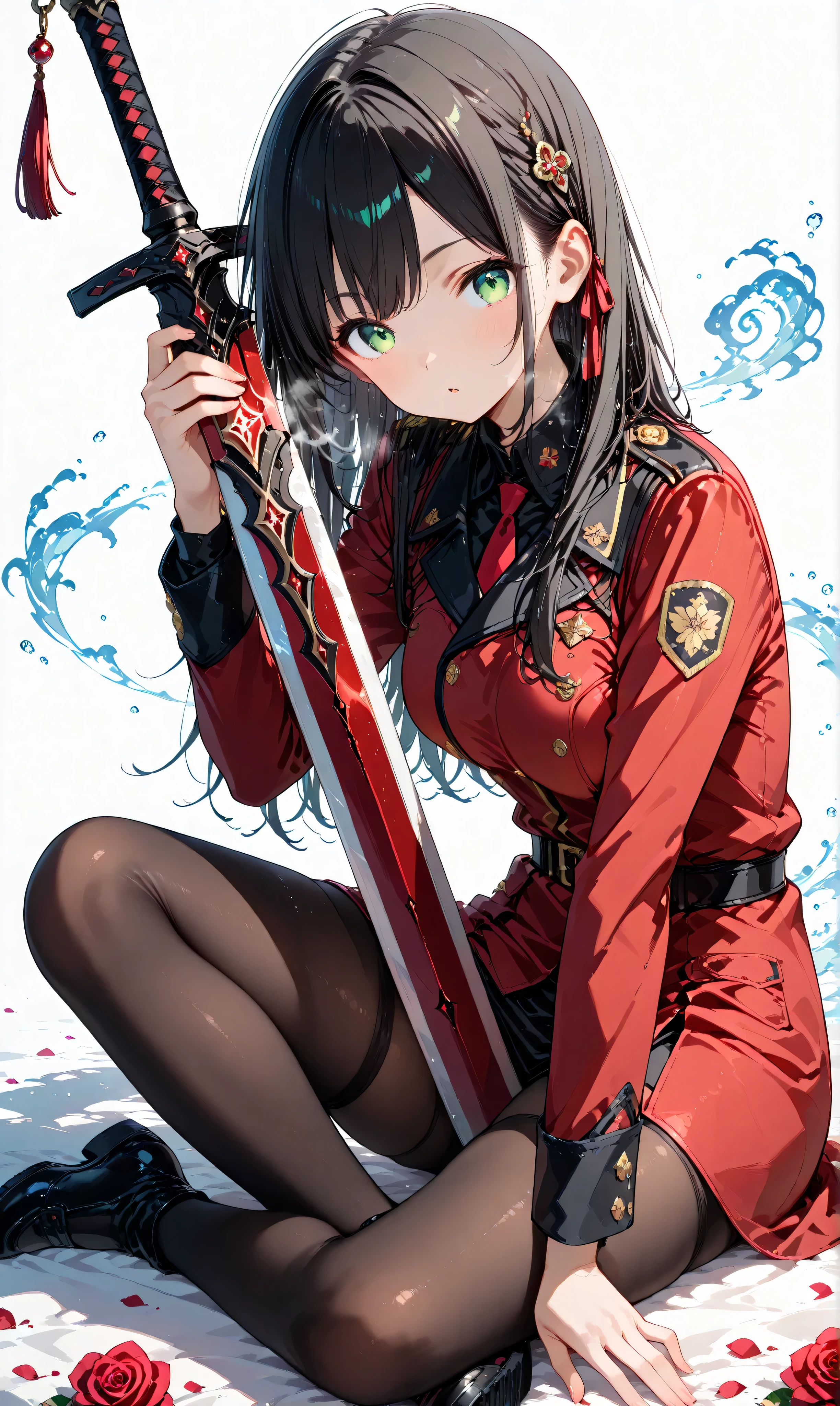 (watercolor:0.4)、( pastel :0.6)、 1 girl 、Attach a bow to the twin tail of long black hair with a faint red accent、A knight in a red rose military uniform、 green eyes。Sit on the ground in a relaxed position with his sword on his side、Take a deep breath。red roses scattered across the battlefield and the dim air。A simple white background that highlights the character。