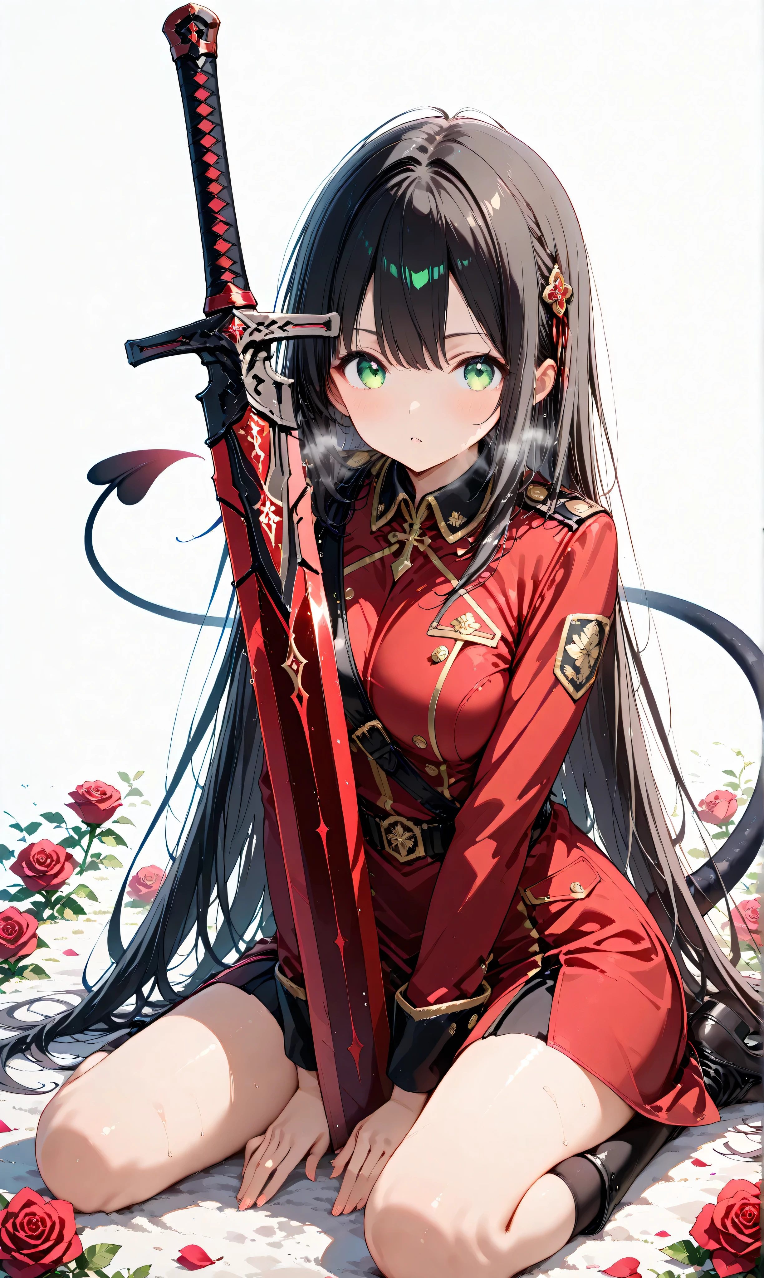 (watercolor:0.4)、(  pastel  :0.6)、 1 girl 、Attach a bow to the twin tail of long black hair with a faint red accent、A knight in a red rose military uniform、 green eyes。Sit on the ground in a relaxed position with his sword on his side、Take a deep breath。red roses scattered across the battlefield and the dim air。A simple white background that highlights the character。


