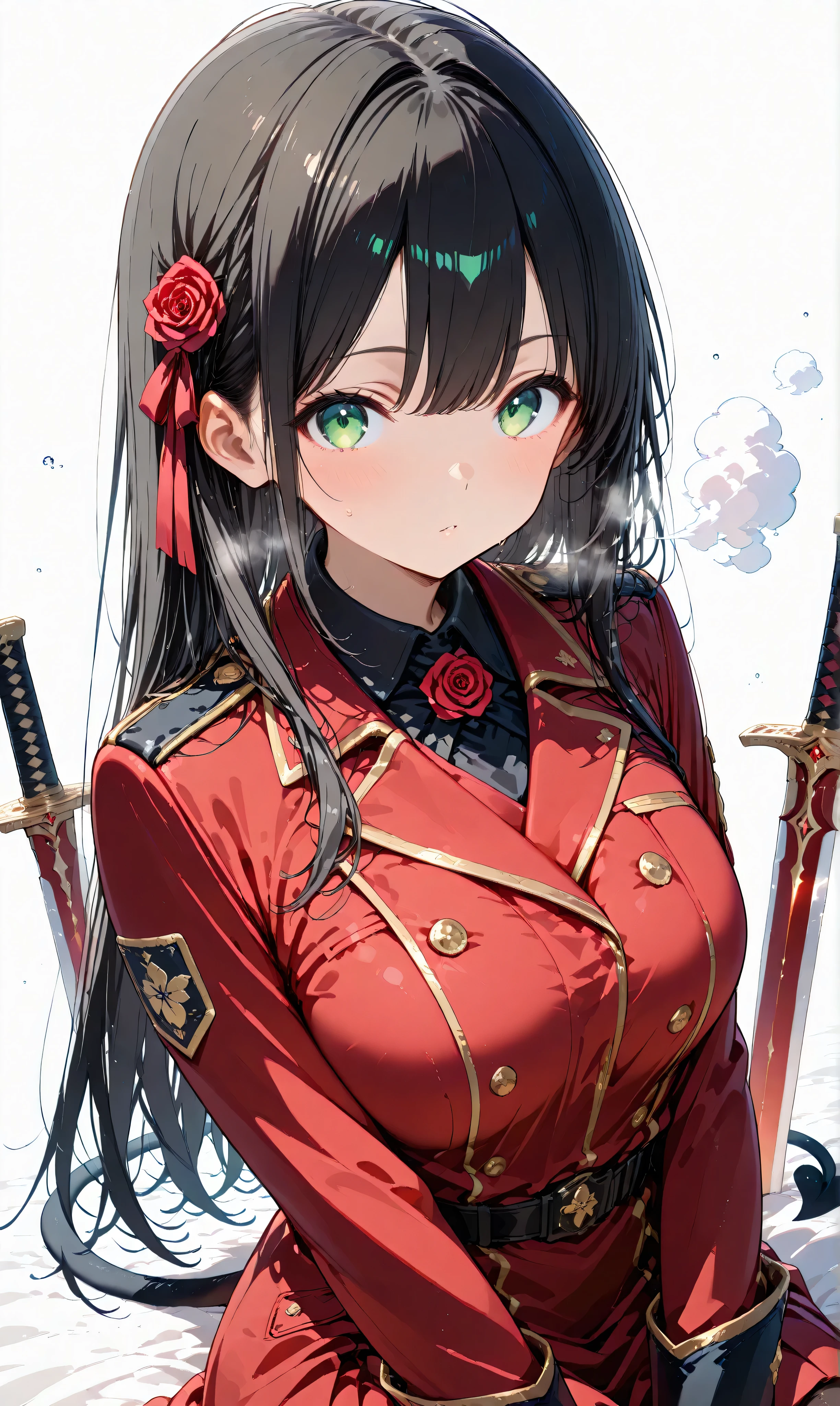 (watercolor:0.4)、( pastel :0.6)、 1 girl 、Attach a bow to the twin tail of long black hair with a faint red accent、A knight in a red rose military uniform、 green eyes。Sit on the ground in a relaxed position with his sword on his side、Take a deep breath。red roses scattered across the battlefield and the dim air。A simple white background that highlights the character。