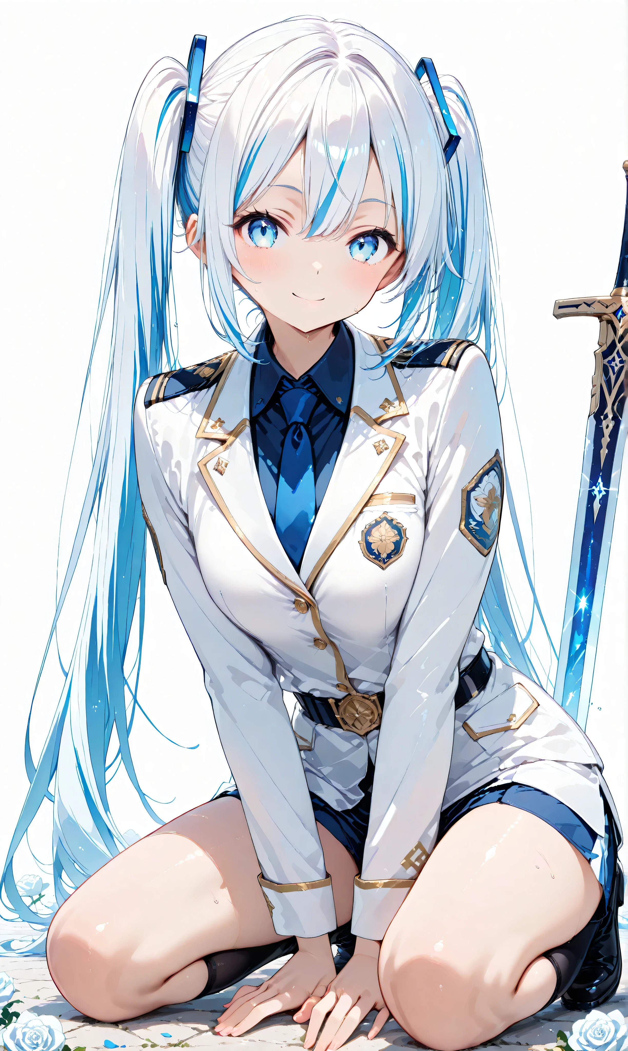 (watercolor:0.4)、( pastel :0.6)、 One deceased girl 、long jet black twin tails、ties faint white highlights with a ribbon、a knight in a military uniform with white roses scattered around、blue eyes。an expression where you can sit on the ground and place a sword on your side、trying to stand up with a small smile。scattered white roses and the battlefield is illuminated by the sun、It makes me feel hopeful、A new beginning。A simple white background that highlights the character。
