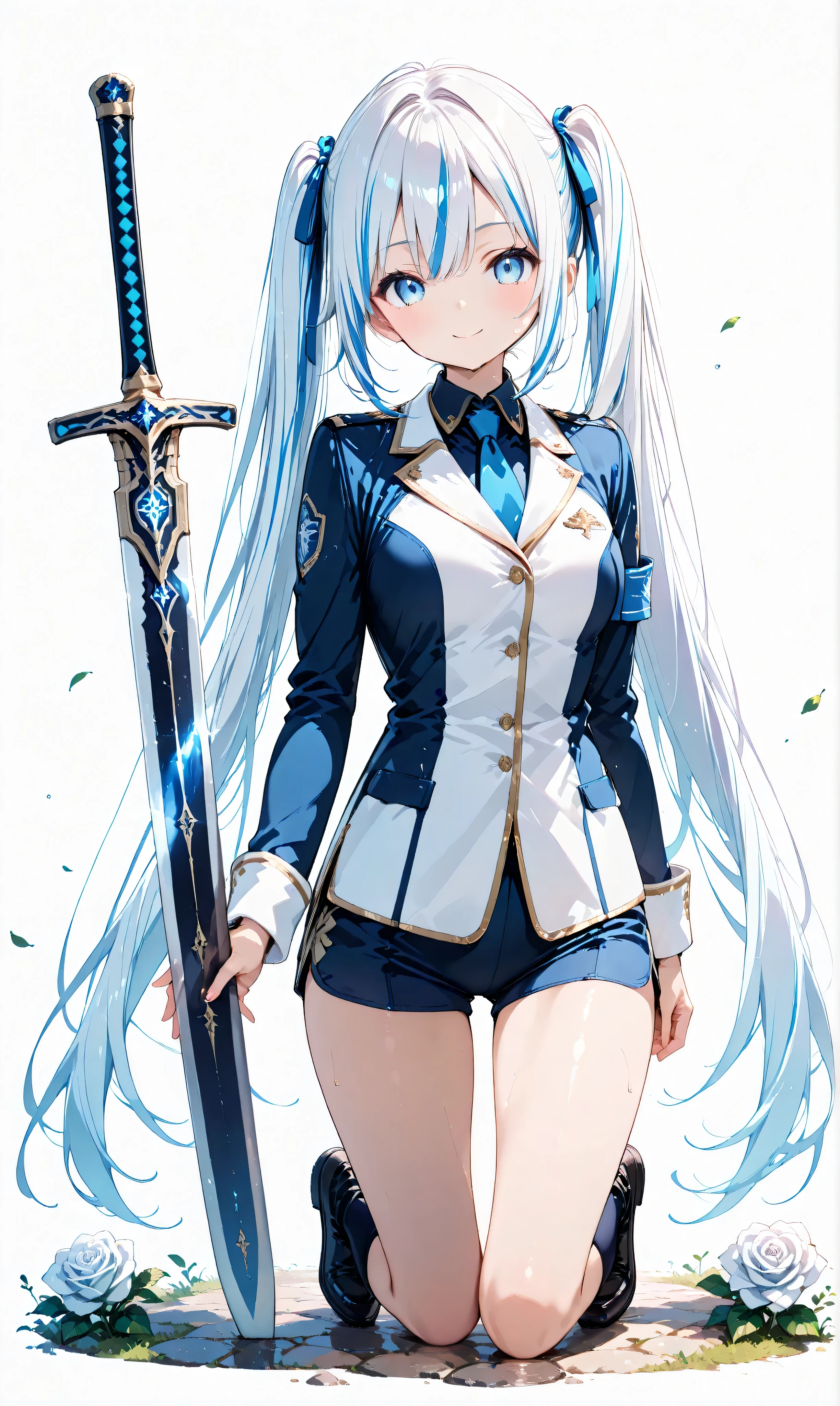 (watercolor:0.4)、(   pastel   :0.6)、 One deceased girl 、long jet black twin tails、ties faint white highlights with a ribbon、a knight in a military uniform with white roses scattered around、blue eyes。an expression where you can sit on the ground and place a sword on your side、trying to stand up with a small smile。scattered white roses and the battlefield is illuminated by the sun、It makes me feel hopeful、A new beginning。A simple white background that highlights the character。


