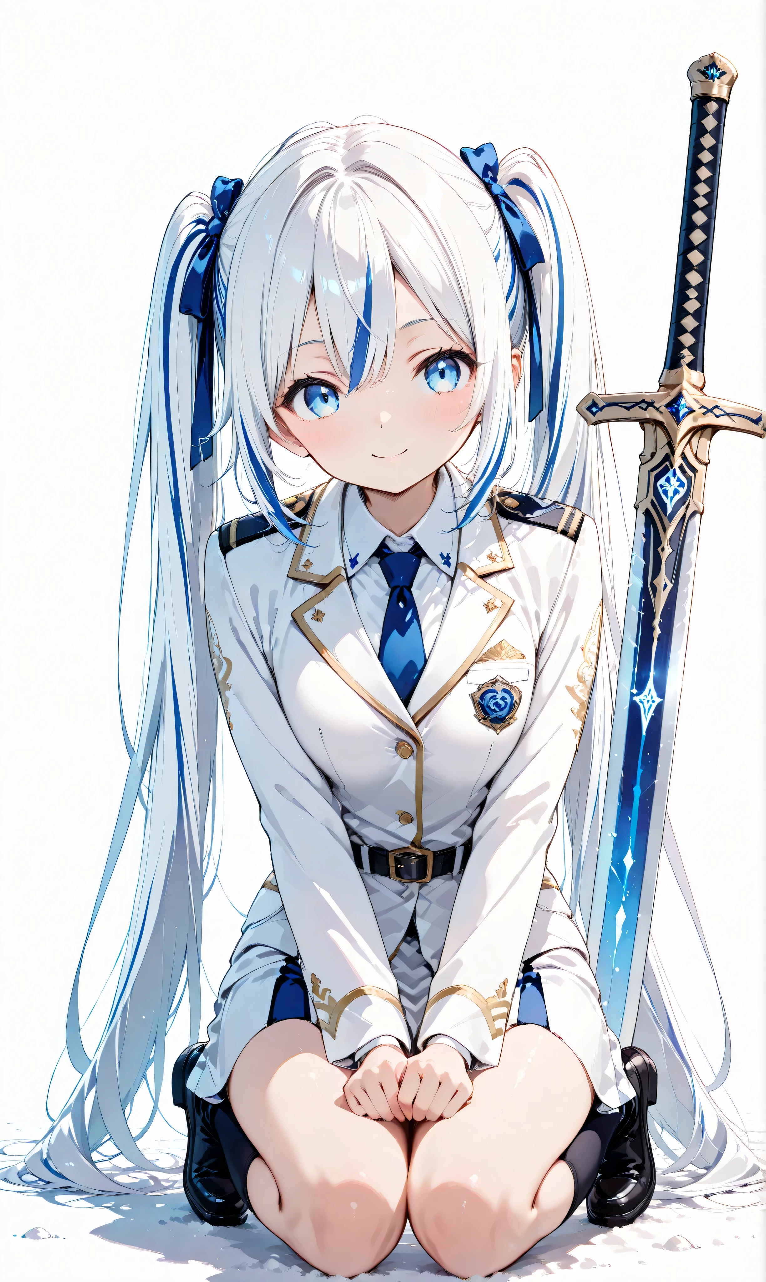 (watercolor:0.4)、( pastel :0.6)、 One deceased girl 、long jet black twin tails、ties faint white highlights with a ribbon、a knight in a military uniform with white roses scattered around、blue eyes。an expression where you can sit on the ground and place a sword on your side、trying to stand up with a small smile。scattered white roses and the battlefield is illuminated by the sun、It makes me feel hopeful、A new beginning。A simple white background that highlights the character。
