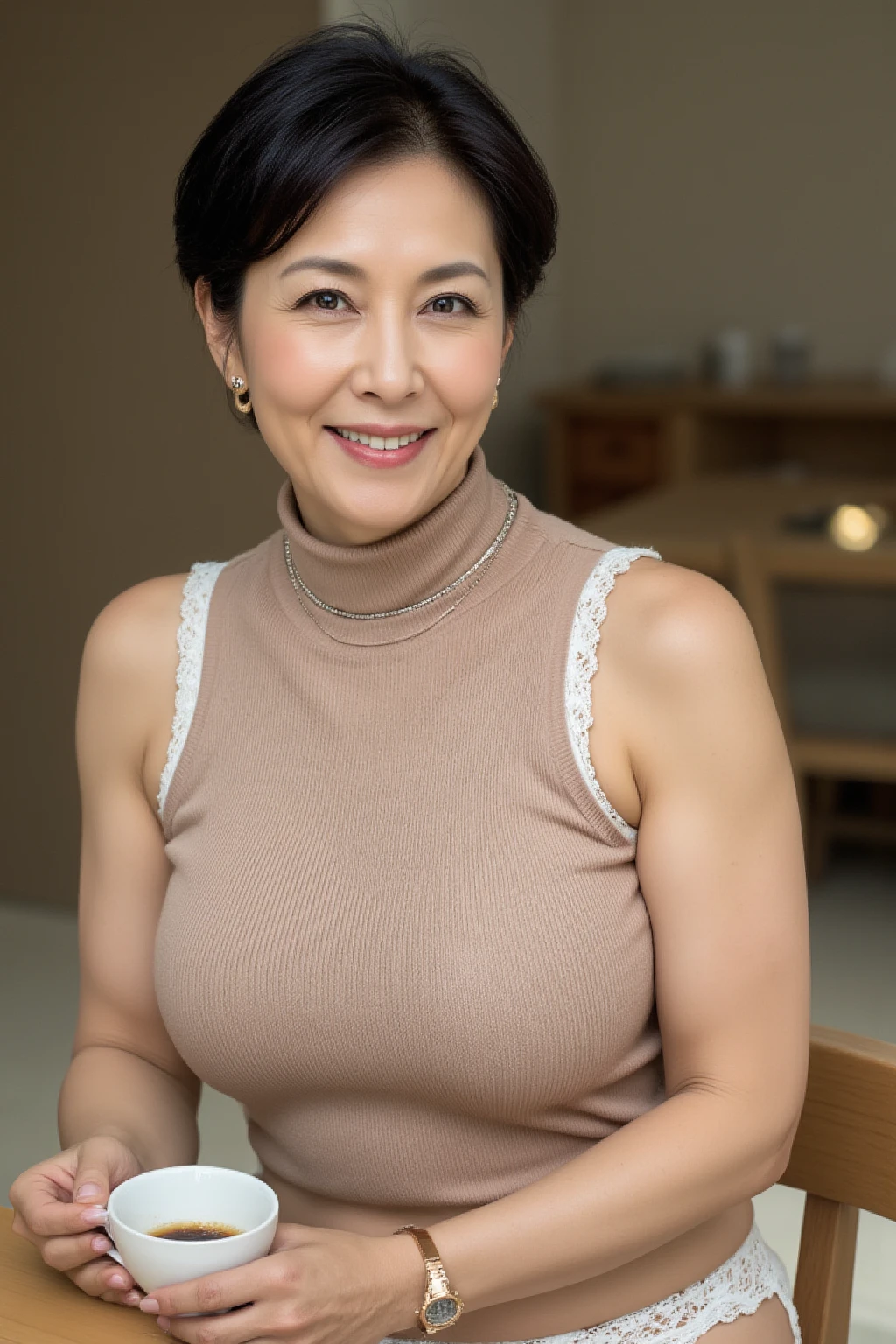 (masterpiece, highest quality), japanese mature, (alone), 60 years old, (wrinkles around the eyes:1.45), (Nasolabial fold at the mouth:1.3), big breasts, mature woman, Glamour, Sexy, pure white skin, looking at the viewer、(((super big breasts:1.28)))、long hair、small diamond necklace、earrings、(((random color:party dress)))、high heels、smile、Public place、cross your legs、sit on a chair、full body photo、